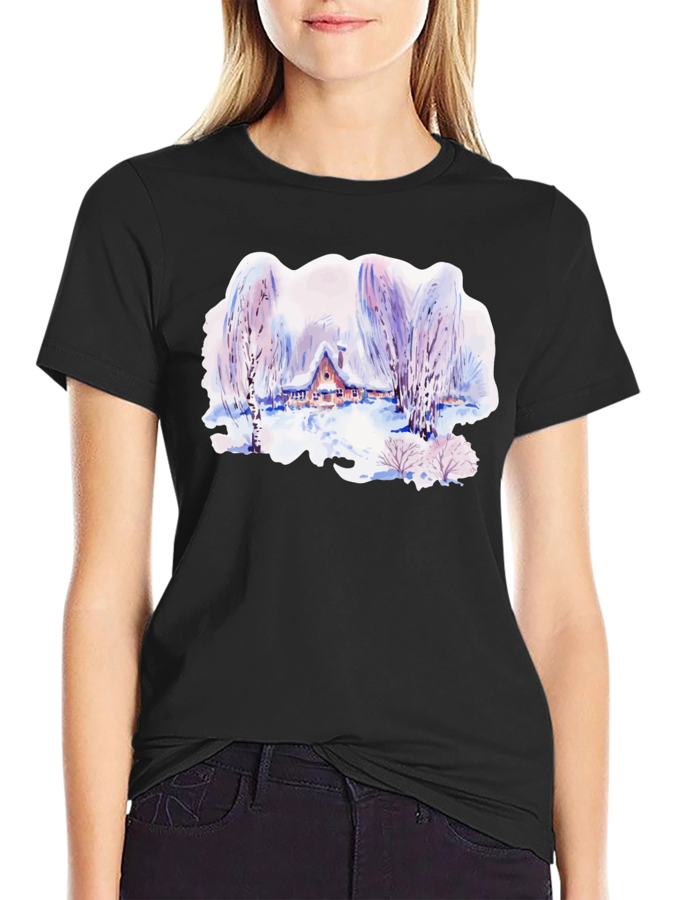 Black Winter Cabin Watercolor Graphic T-Shirt view 2