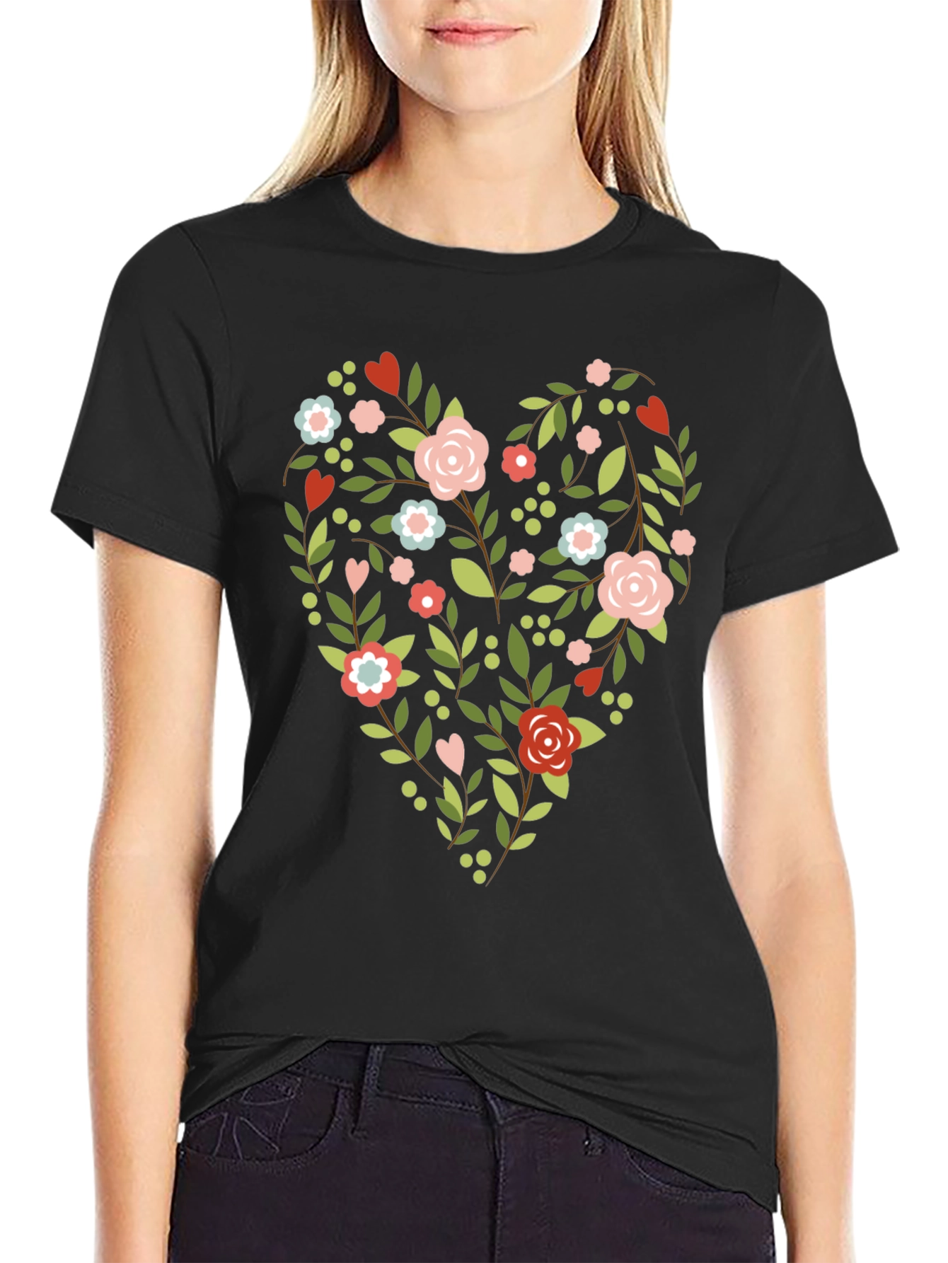 Black Floral Heart Tee - Stylish & Unique Design view 2