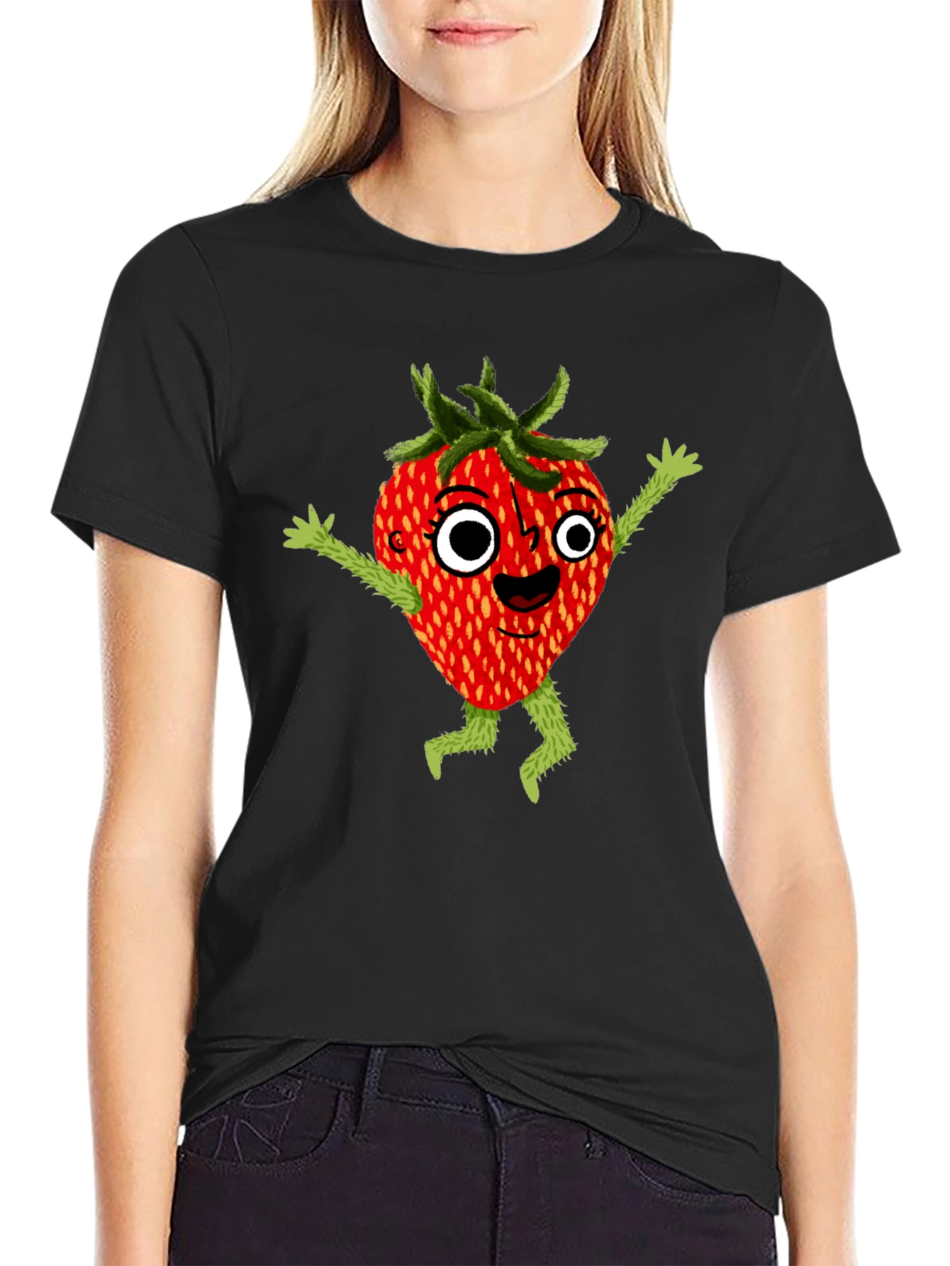 Black Whimsical Strawberry Cartoon Graphic T-Shirt view 2