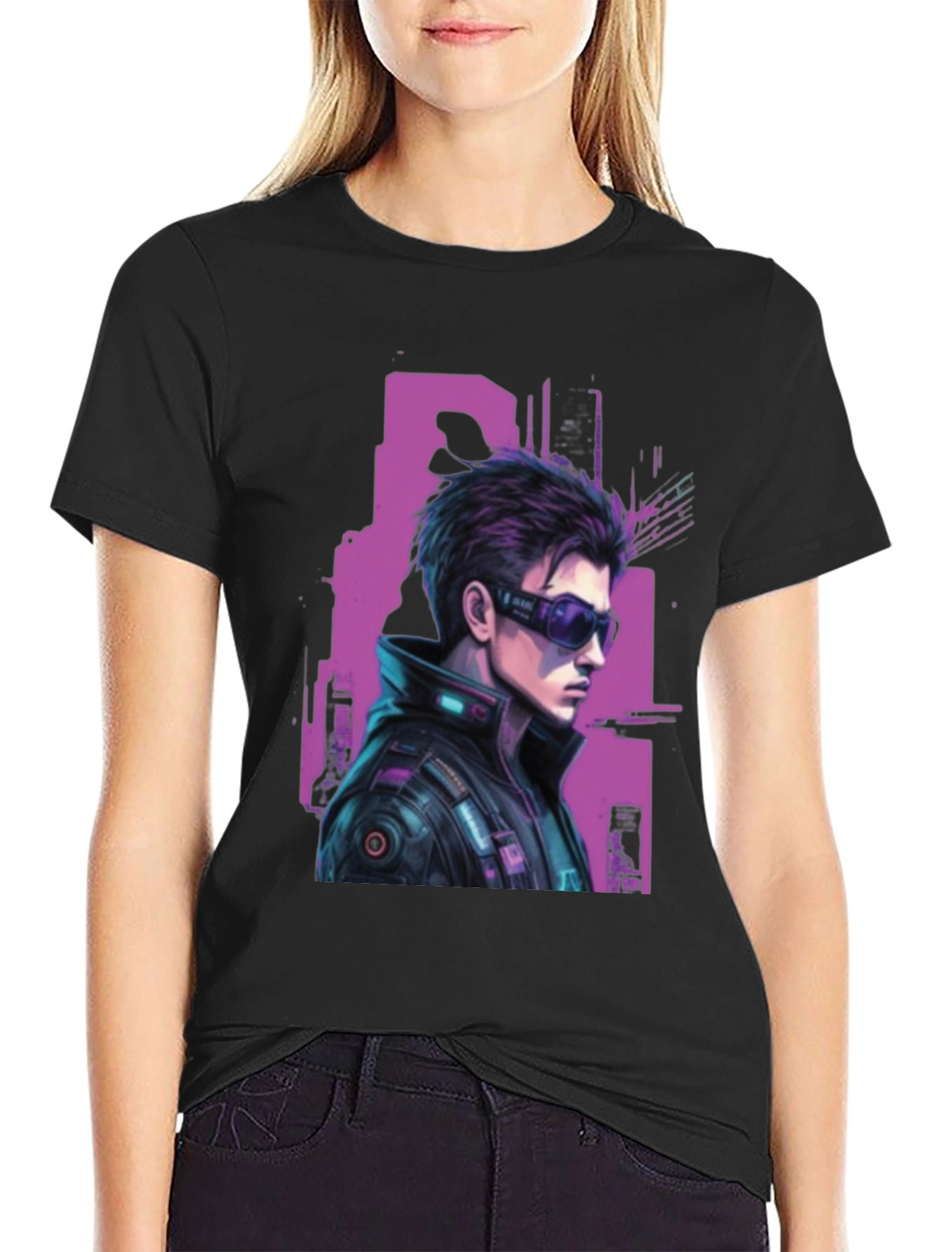 Black Cyberpunk Character Graphic T-Shirt view 2