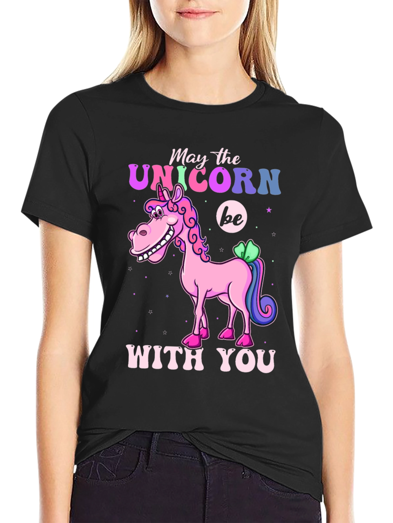 Black May the Unicorn Be With You T-Shirt view 2