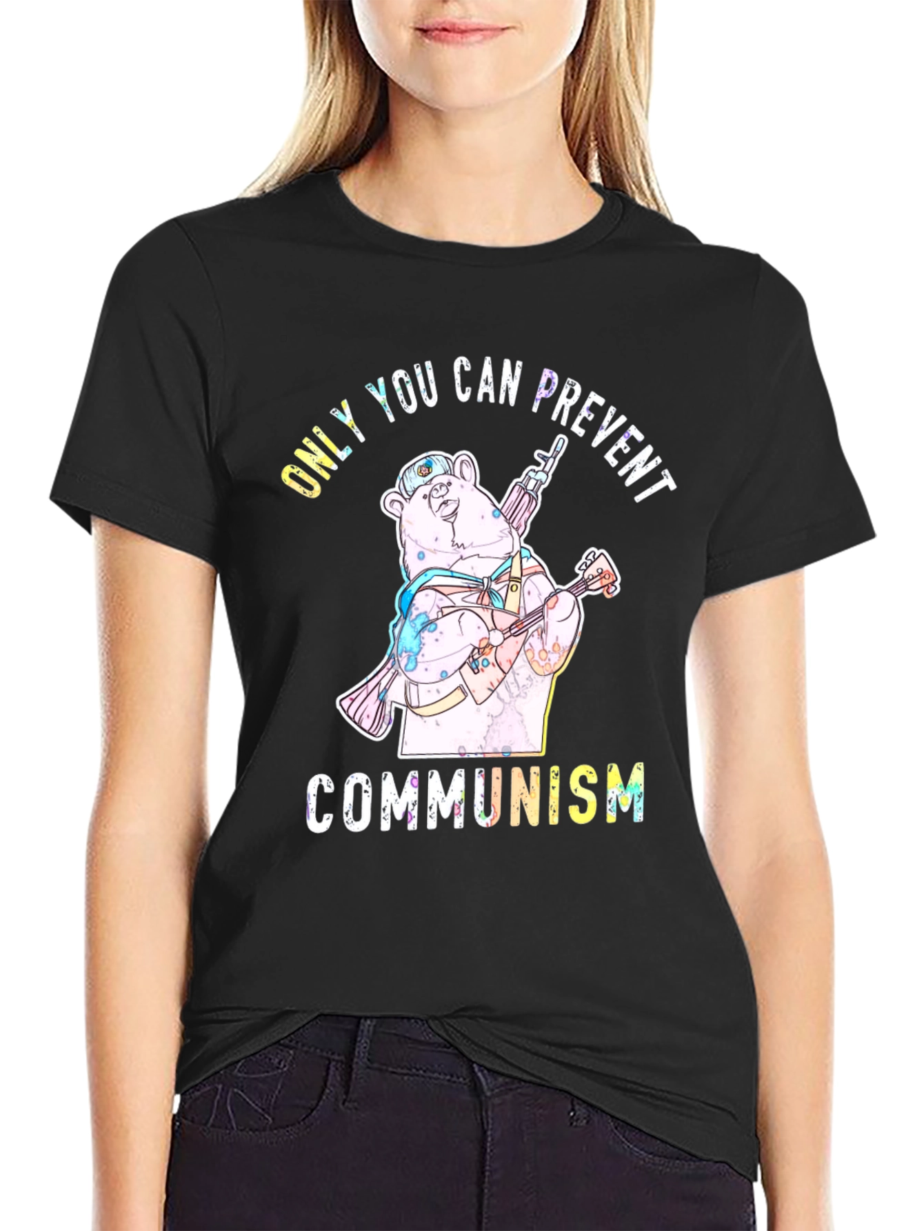 Black Prevent Communism Bear Graphic Tee view 2