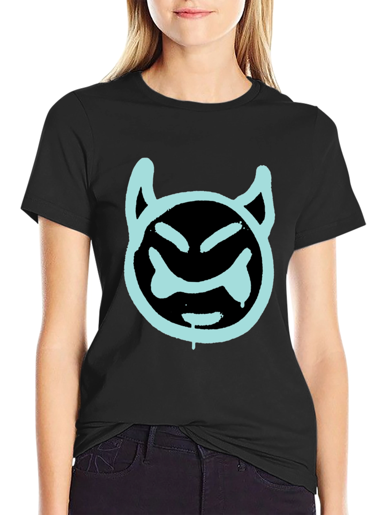 Black Cool Devil Face Graphic Black T-Shirt view 2