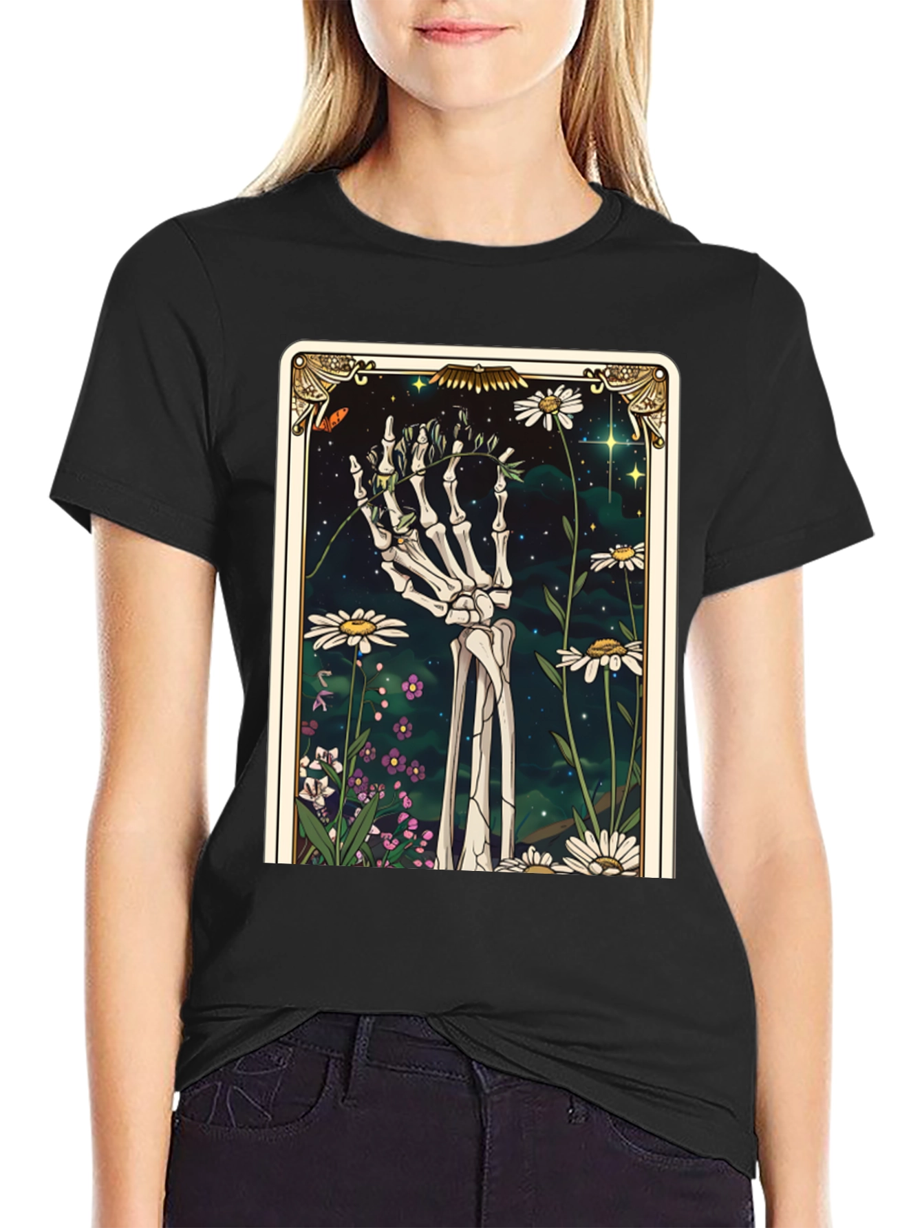 Black Floral Skeleton Tarot Graphic Tee view 2