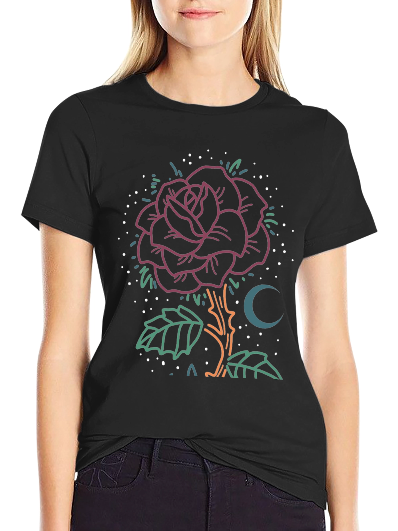 Black Rose & Moon Graphic Tee - Unique Design view 2