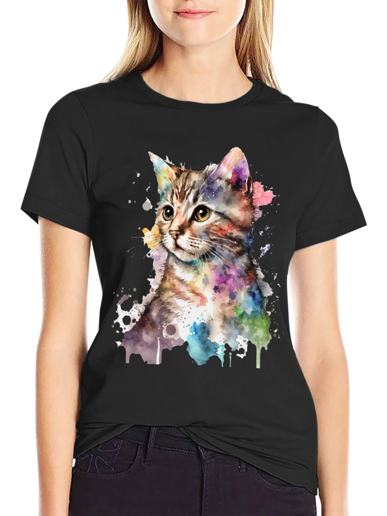 Black Watercolor Cat Graphic Tee view 2