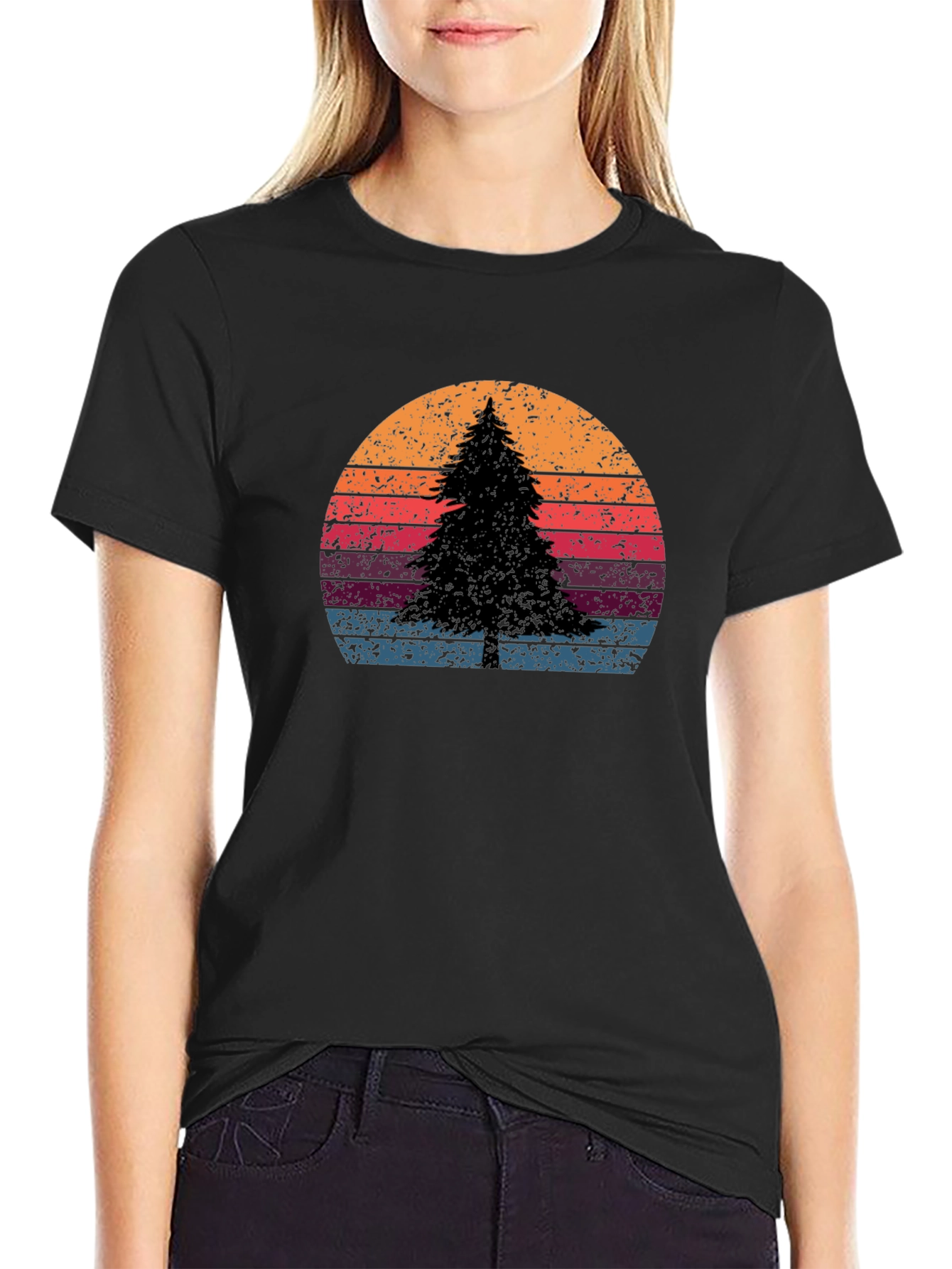 Black Retro Sunset Pine Tree Graphic Tee view 2