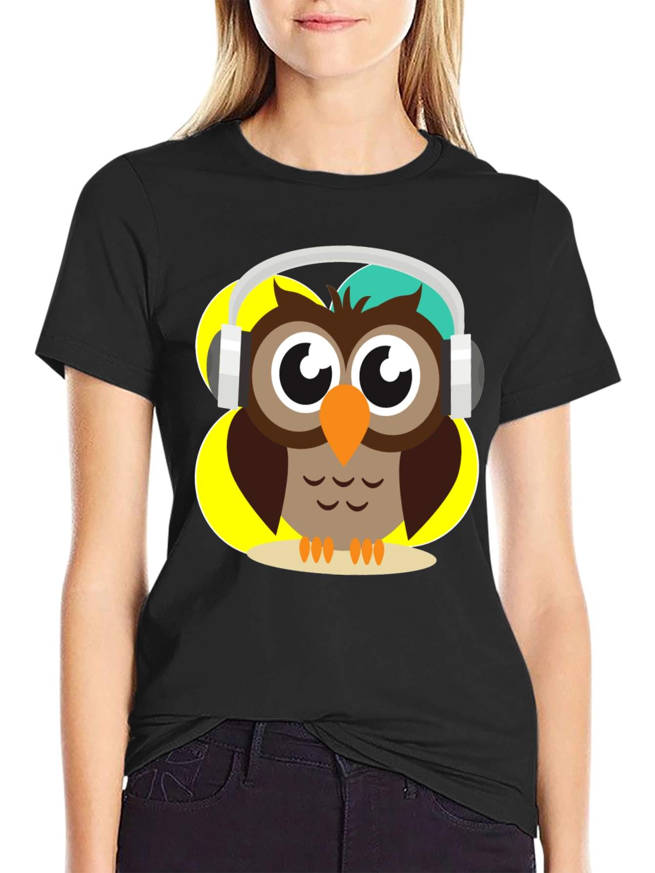 Black Owl Wearing Headphones Graphic T-Shirt view 2