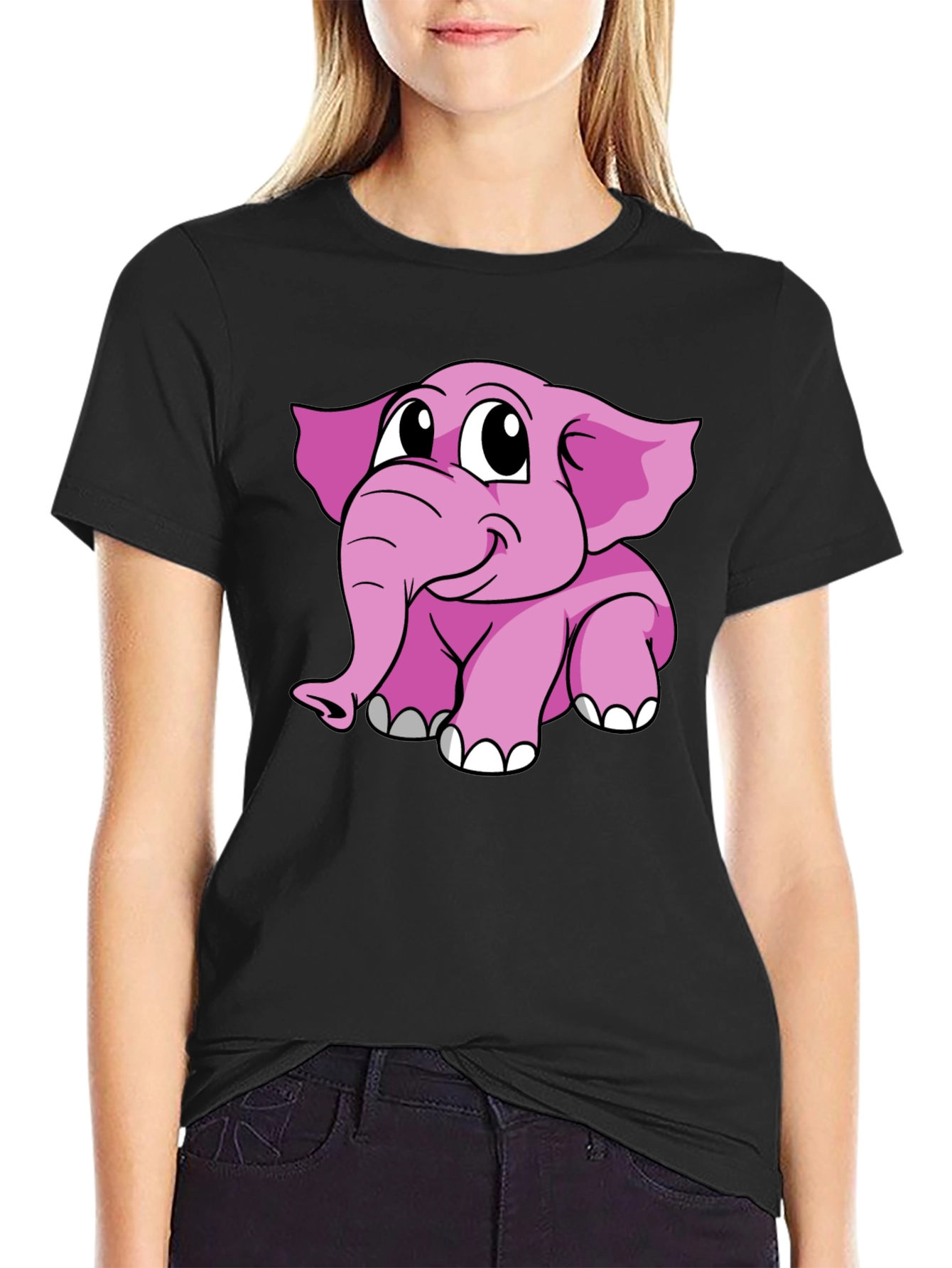 Black Cute Pink Elephant Graphic Tee - Black Cotton Shirt view 2