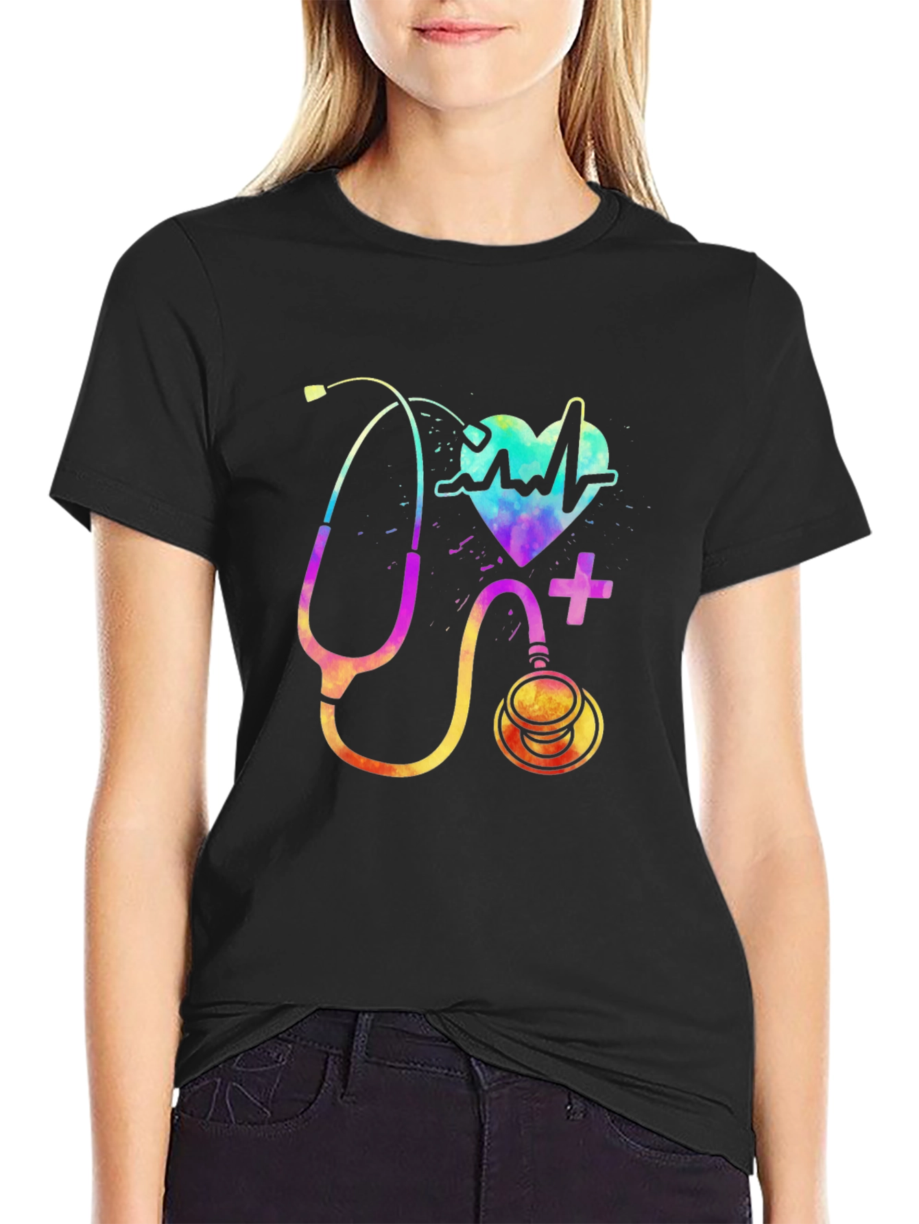 Black Colorful Stethoscope Graphic T-Shirt - Medical Design view 2