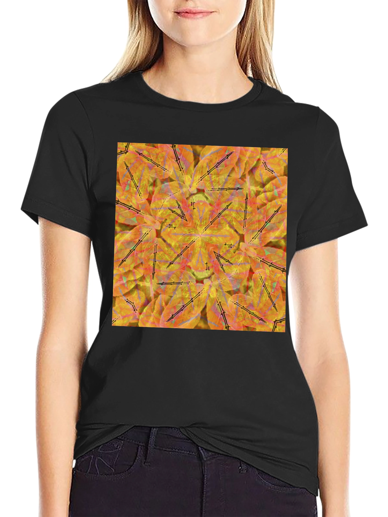 Black Kaleidoscope Leaves T-Shirt - Stylish & Unique Design view 2