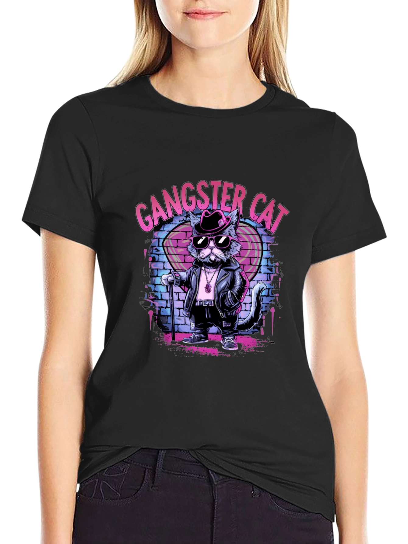 Black Gangster Cat Graphic T-Shirt - Cool Cat Tee view 2