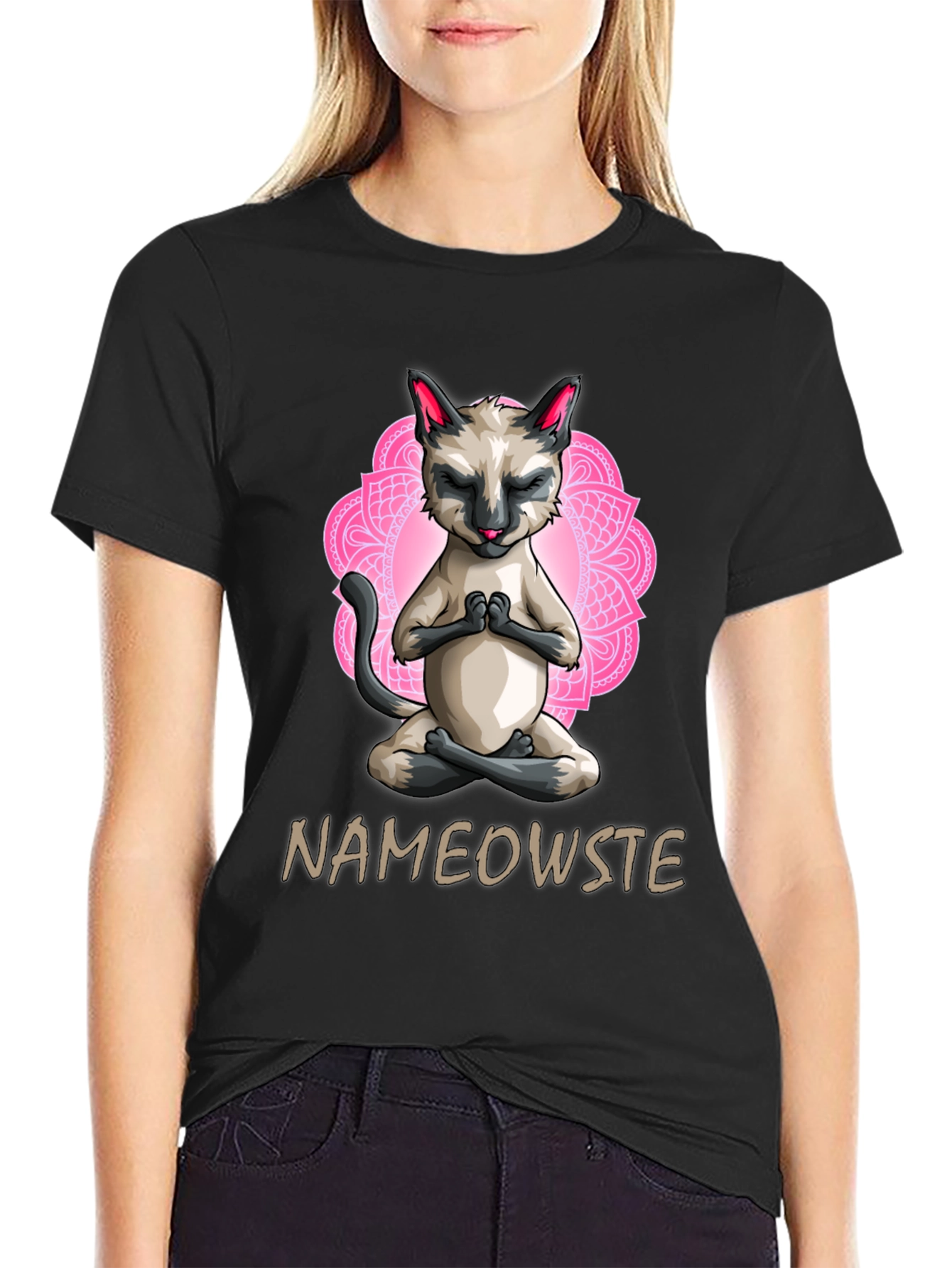 Black Nameowste Cat Yoga T-Shirt - Meditating Feline Design view 2
