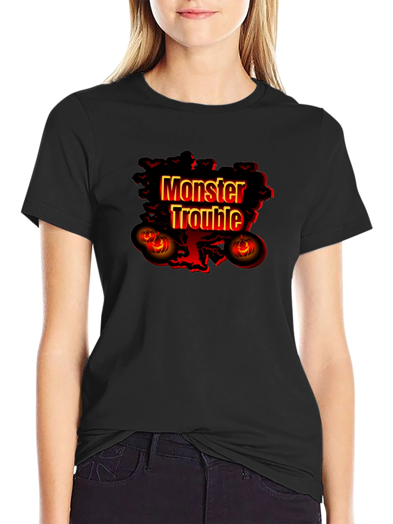 Black Monster Trouble Graphic Tee - Halloween Shirt view 2