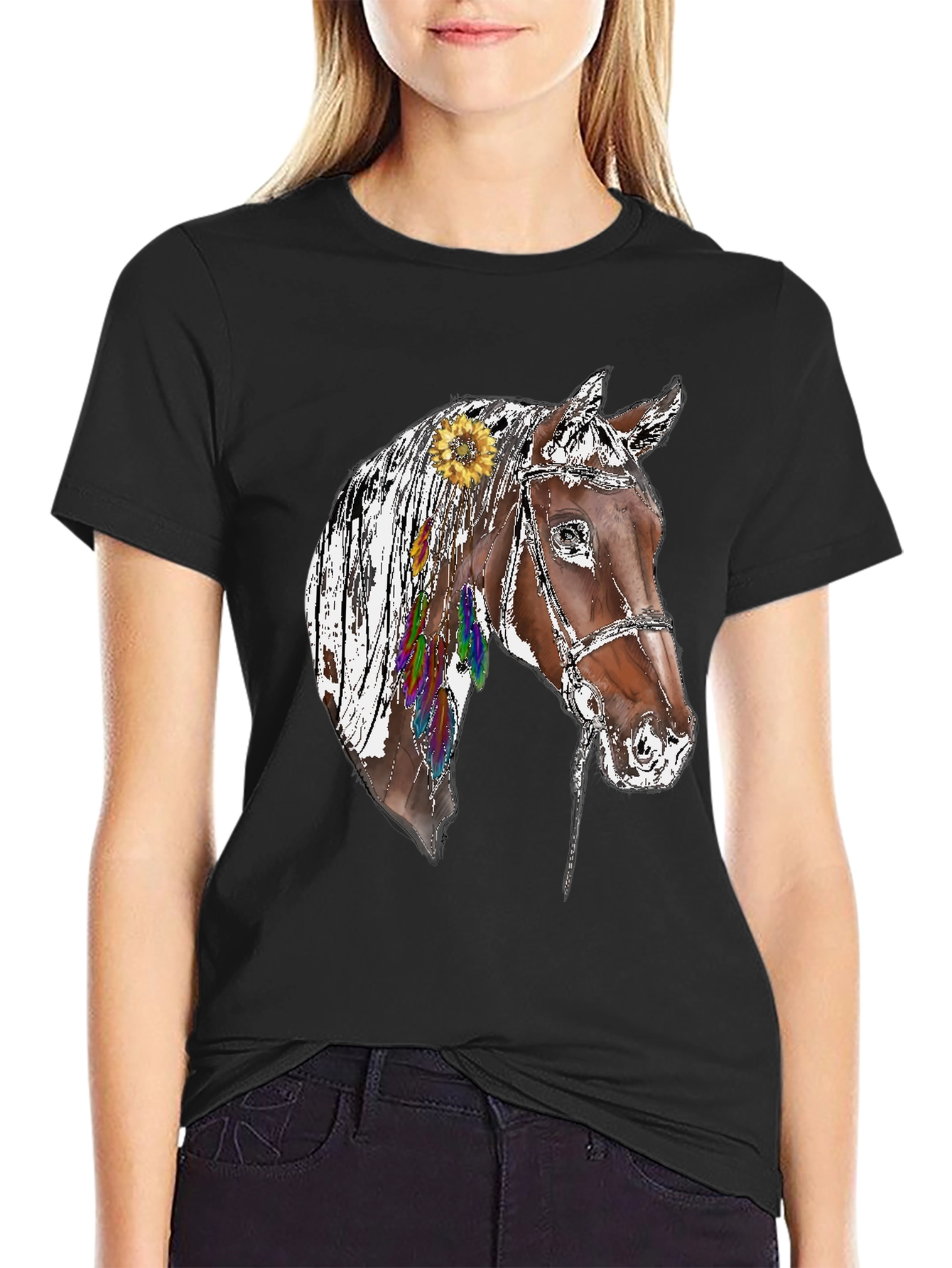 Black Horse Graphic Tee - Sunflower & Feathers Black T-Shirt view 2