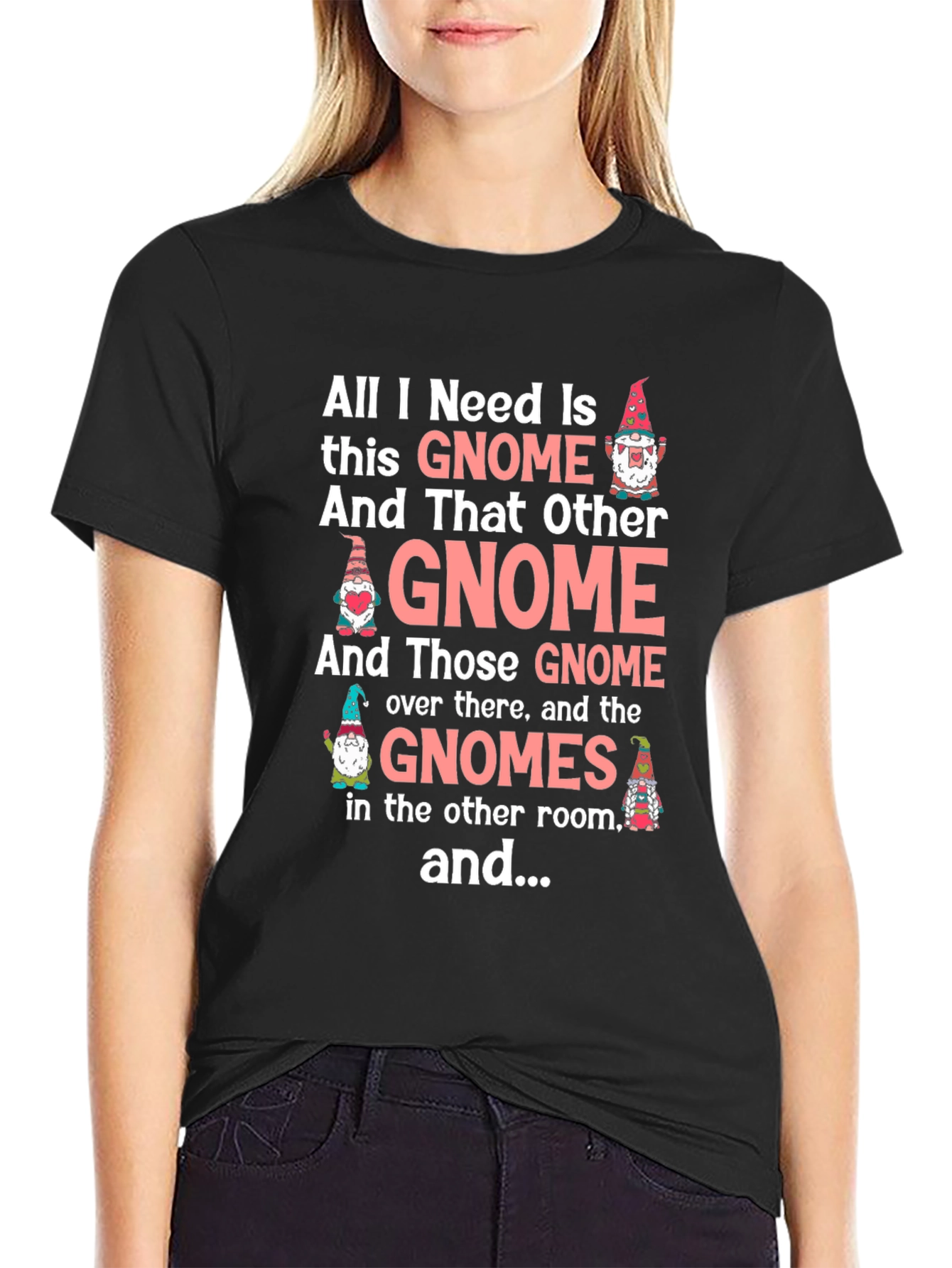 Black Funny Gnome Lover Graphic T-Shirt view 2