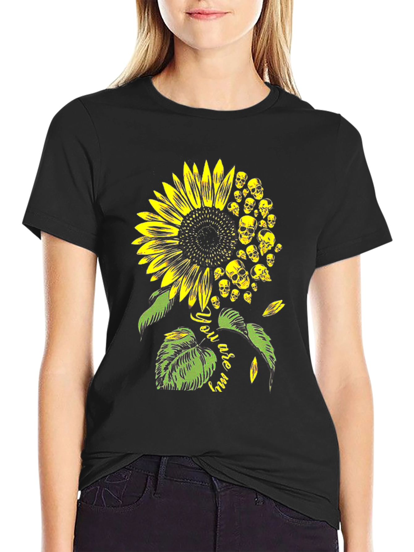 Black Skull Sunflower Graphic Tee - Black Cotton T-Shirt view 2