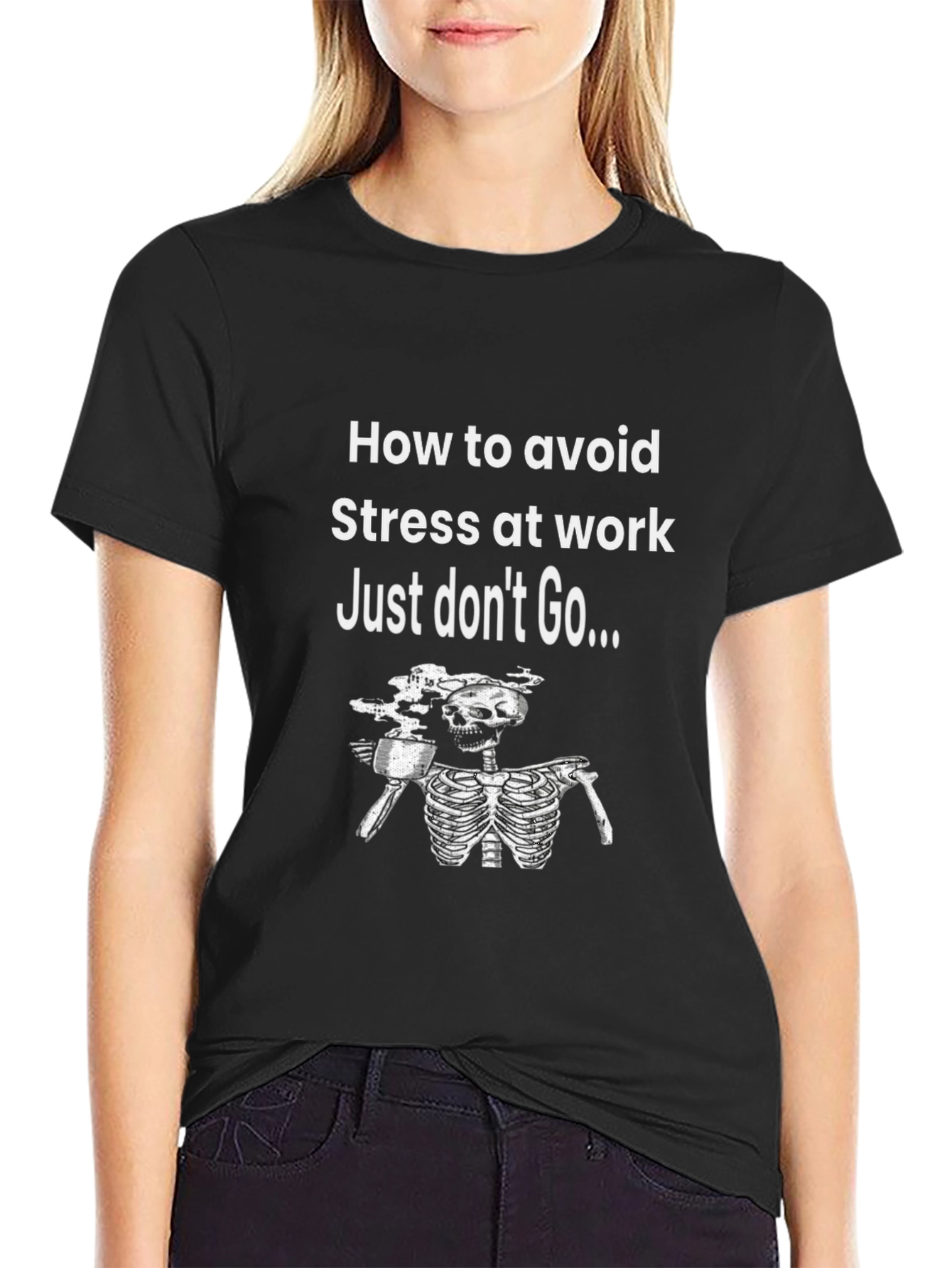 Black Funny "Avoid Stress" Skeleton Graphic T-Shirt view 2