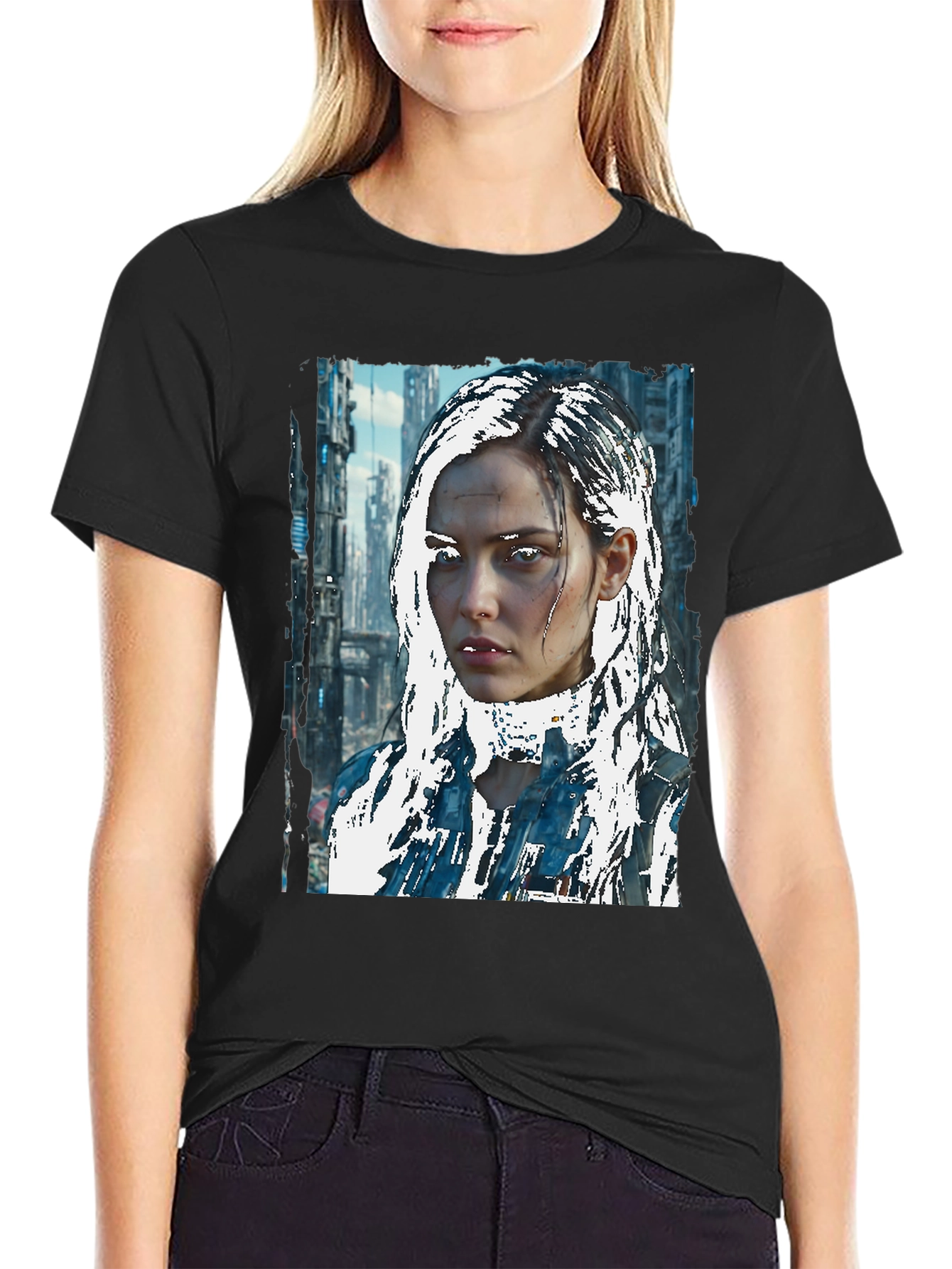 Black Cyberpunk Girl Graphic Tee - Sci-Fi Style view 2