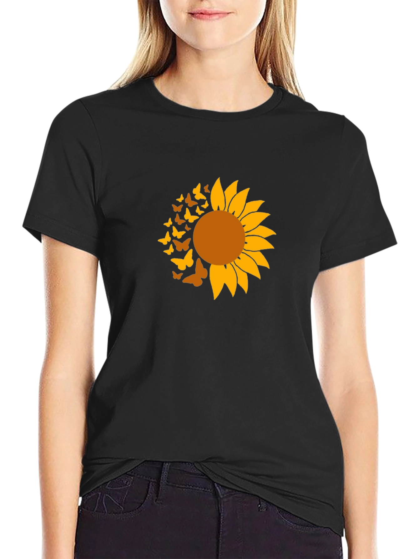 Black Sunflower Butterfly Graphic Tee - Black Cotton Shirt view 2