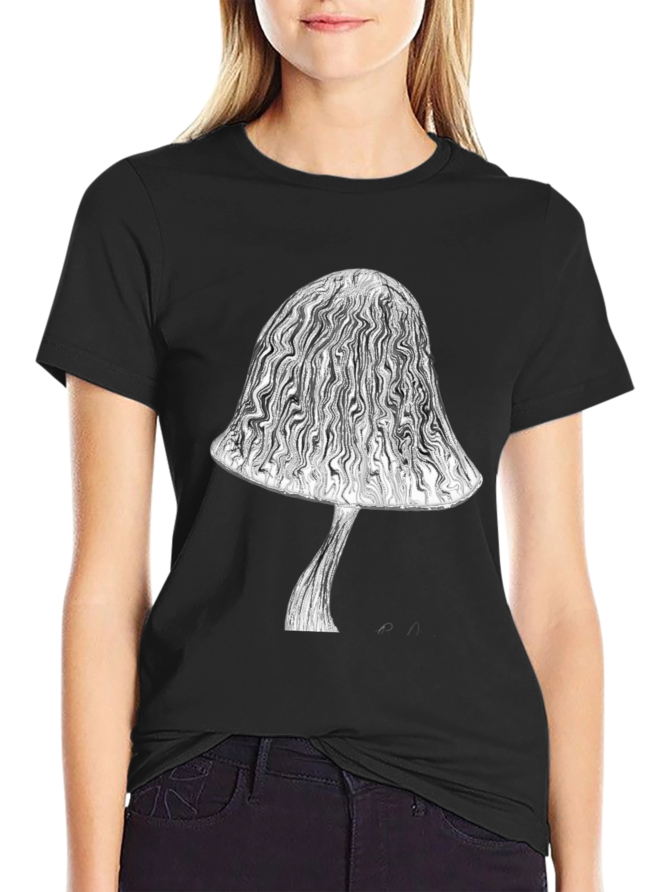 Black Mushroom Graphic Tee - Stylish Black Cotton T-Shirt view 2