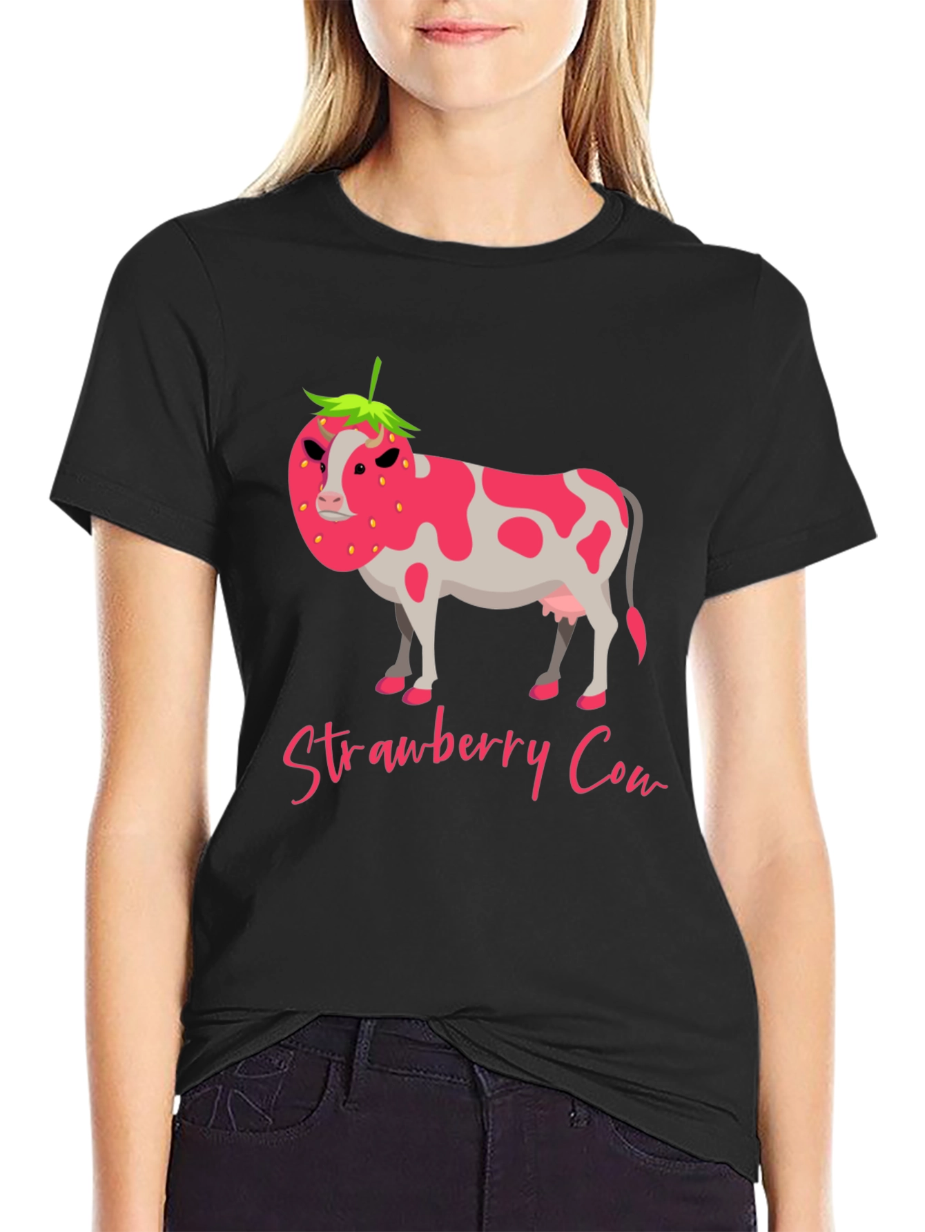 Black Strawberry Cow Graphic Tee - Novelty Print T-Shirt view 2