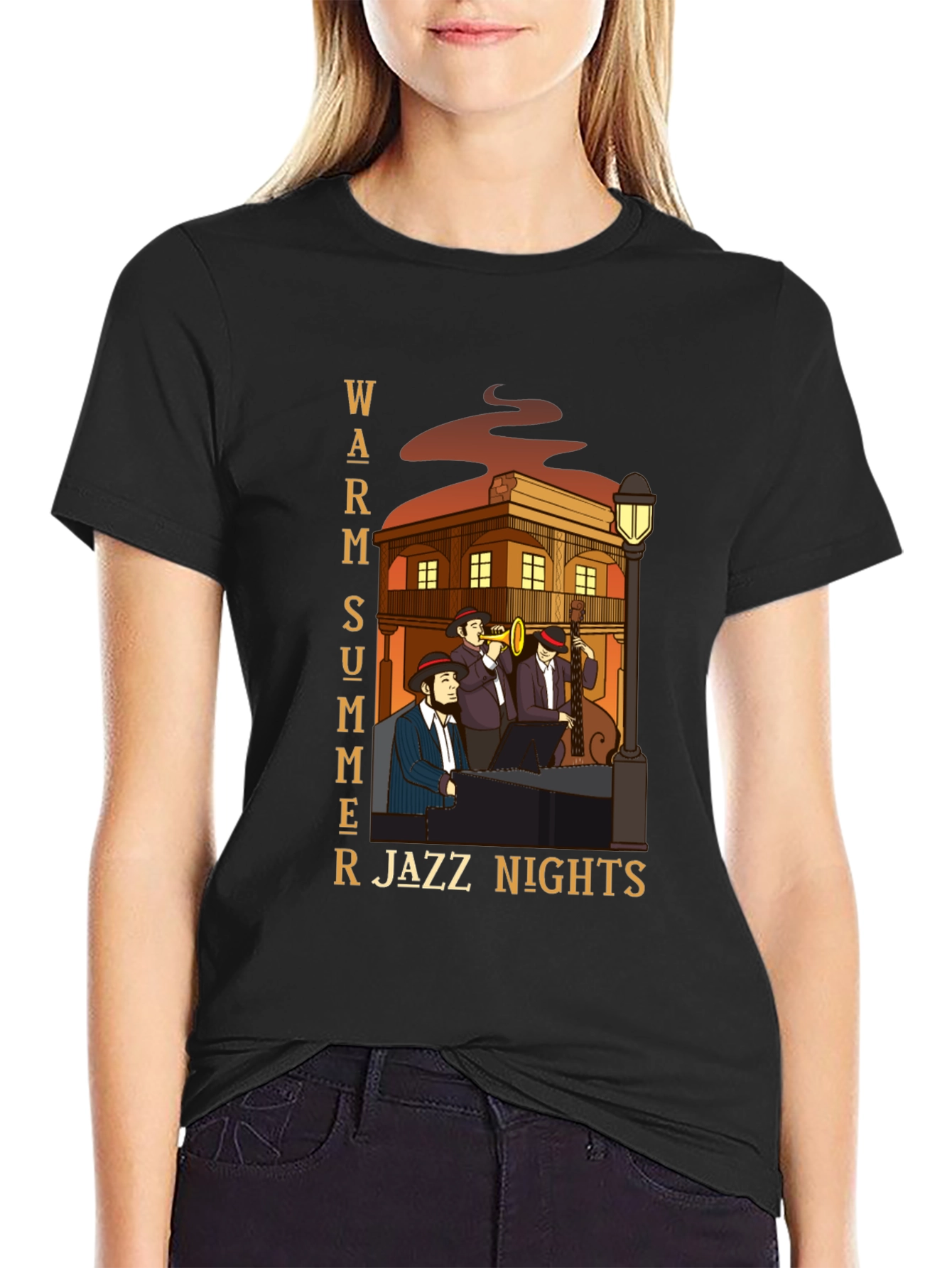 Black Warm Summer Jazz Nights T-Shirt view 2