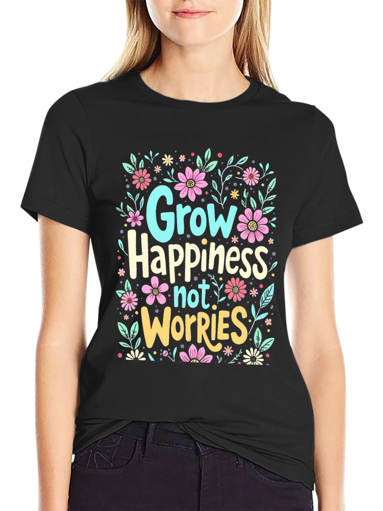 Black Grow Happiness Floral Graphic T-Shirt view 2