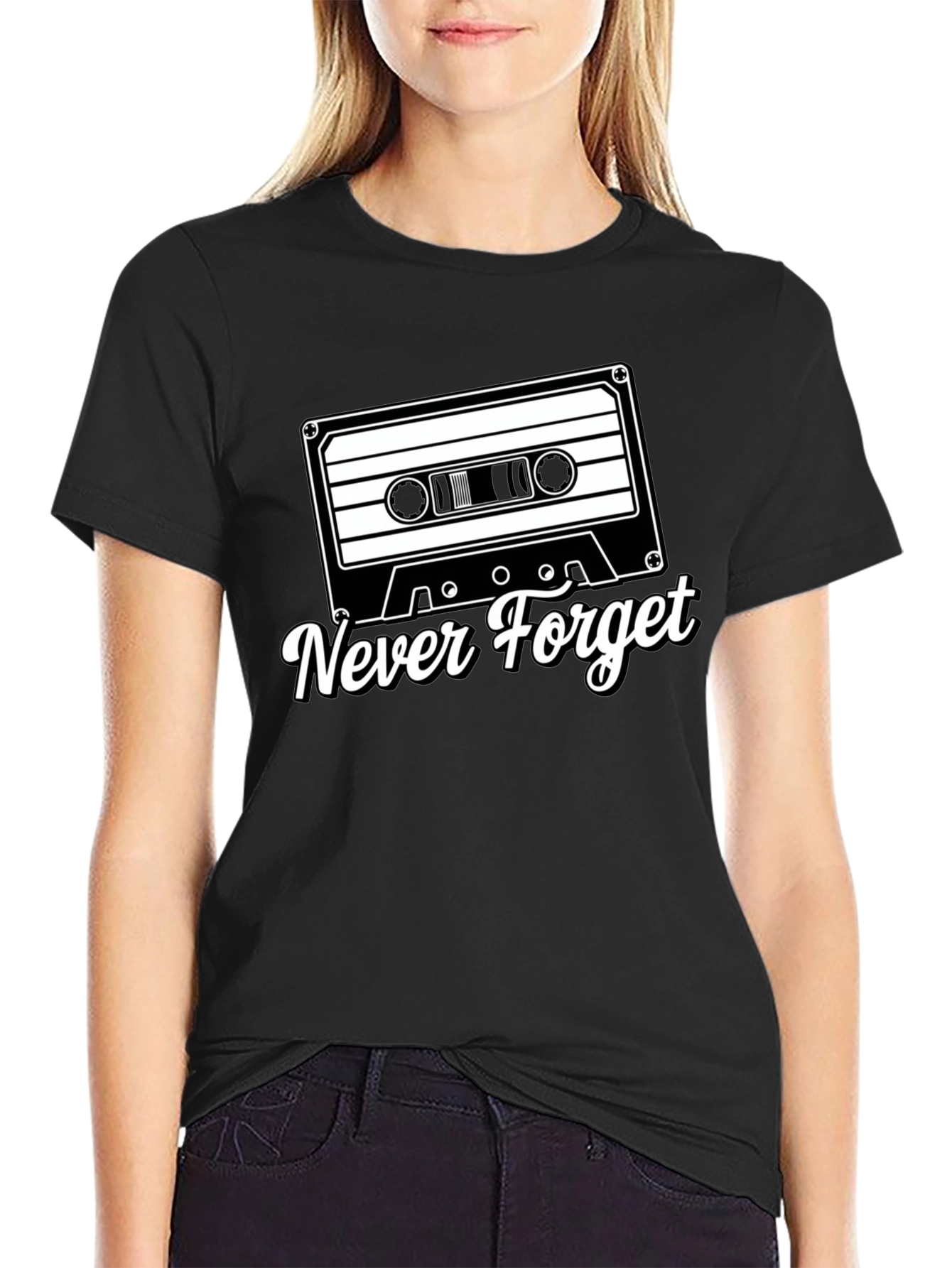 Black Retro Cassette Tape Never Forget Black T-Shirt view 2