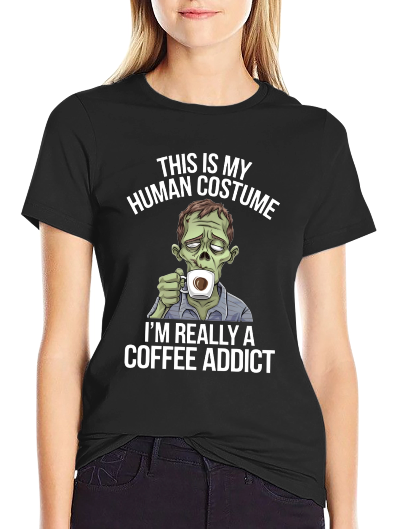Black Zombie Coffee Addict Graphic Tee - Halloween Costume T-Shirt view 2