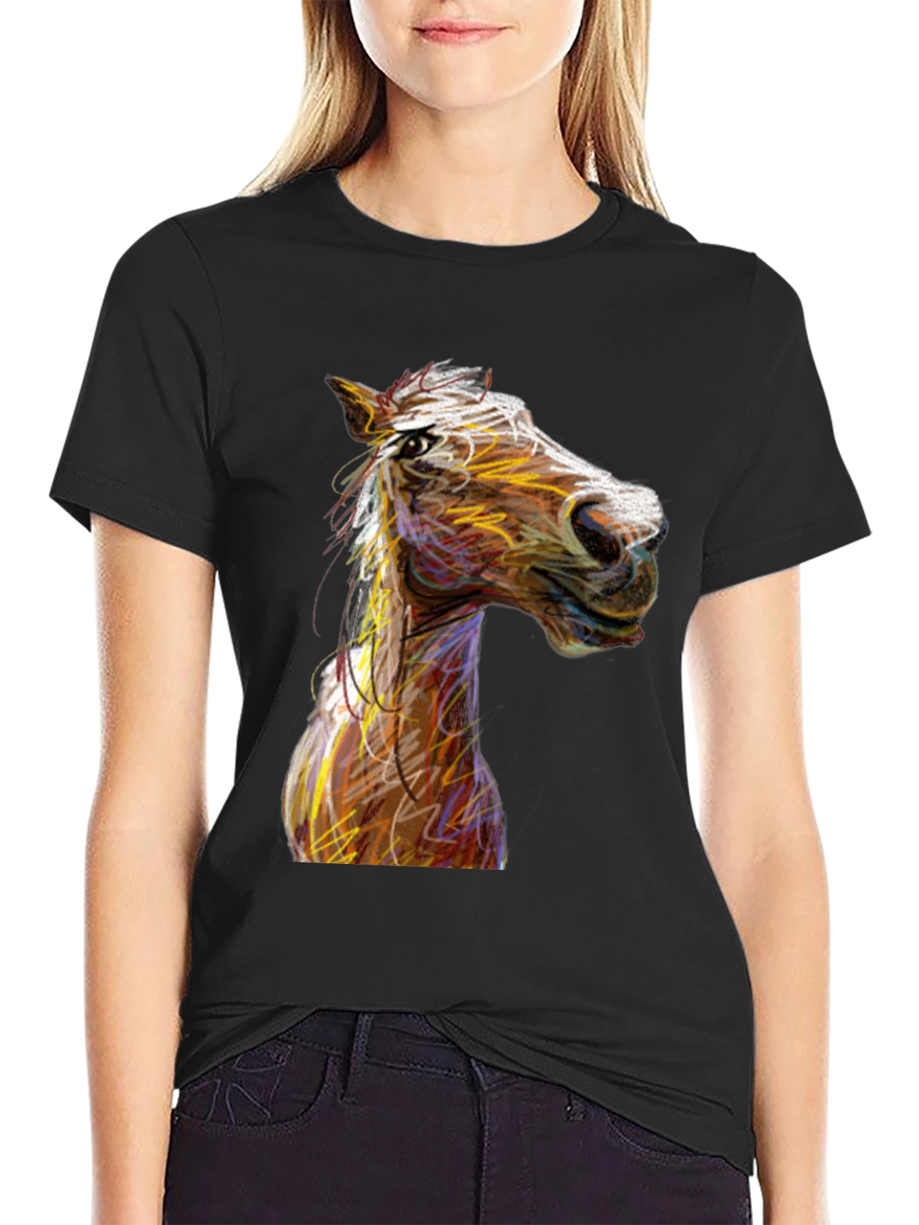 Black Horse Sketch Graphic Black Tee Shirt view 2