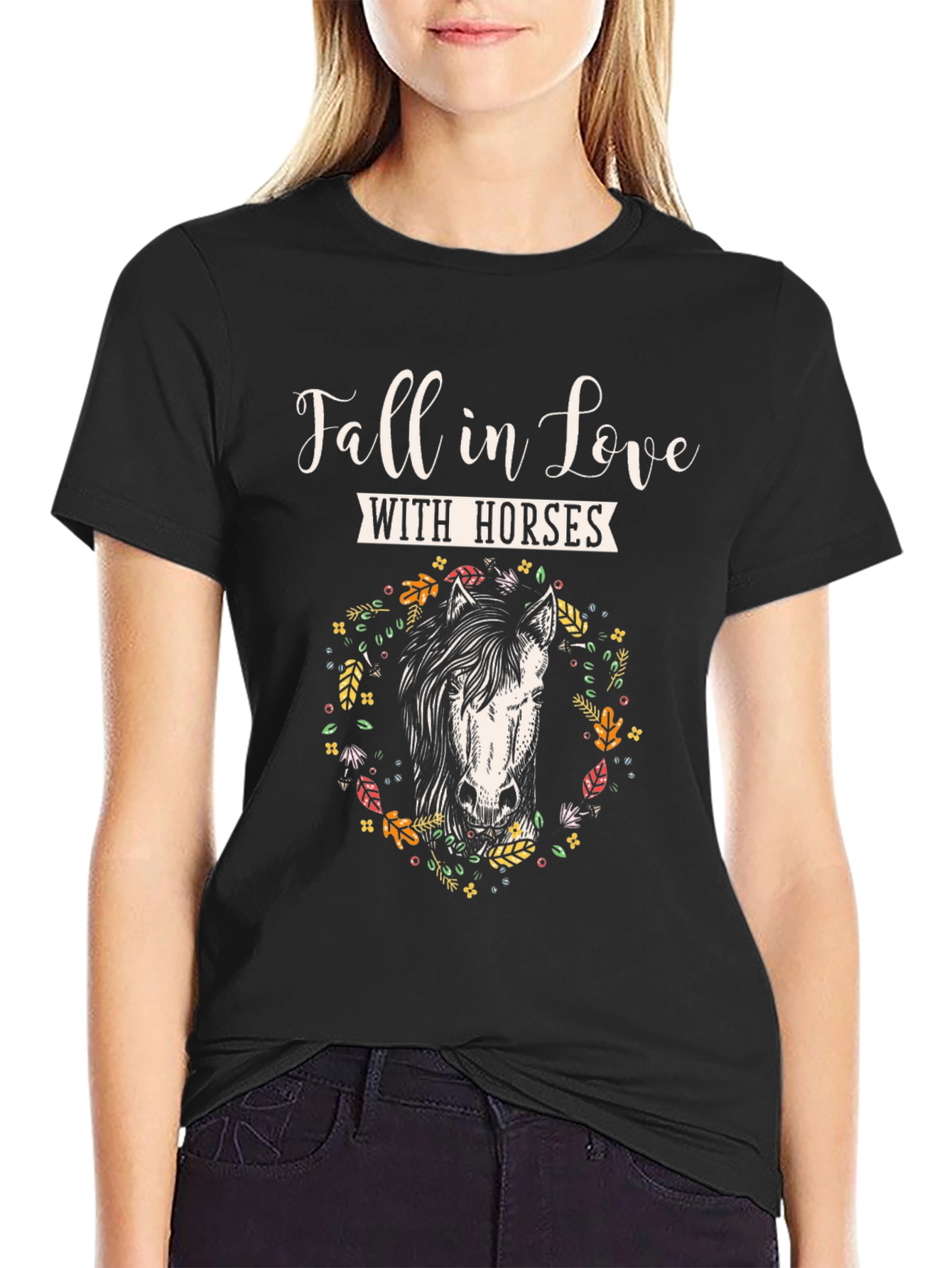 Black Fall in Love with Horses T-Shirt, Floral Horse Tee view 2