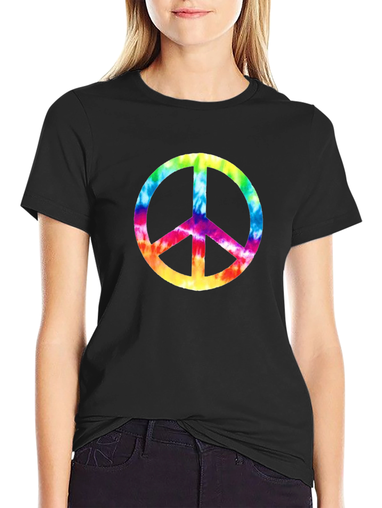 Black Tie-Dye Peace Sign Graphic Tee - Black Cotton Comfort view 2