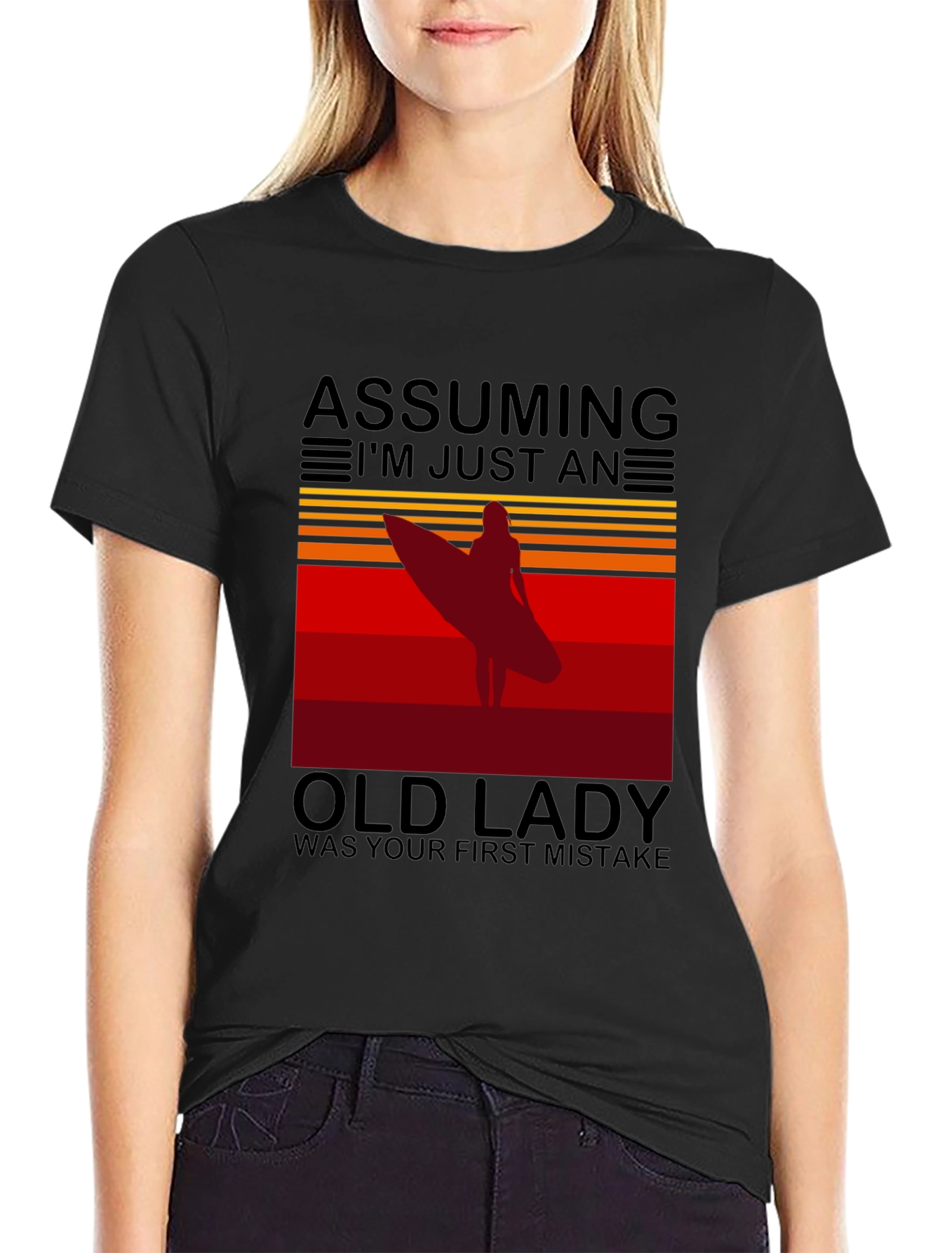 Black Assuming Old Lady Surfer T-Shirt view 2