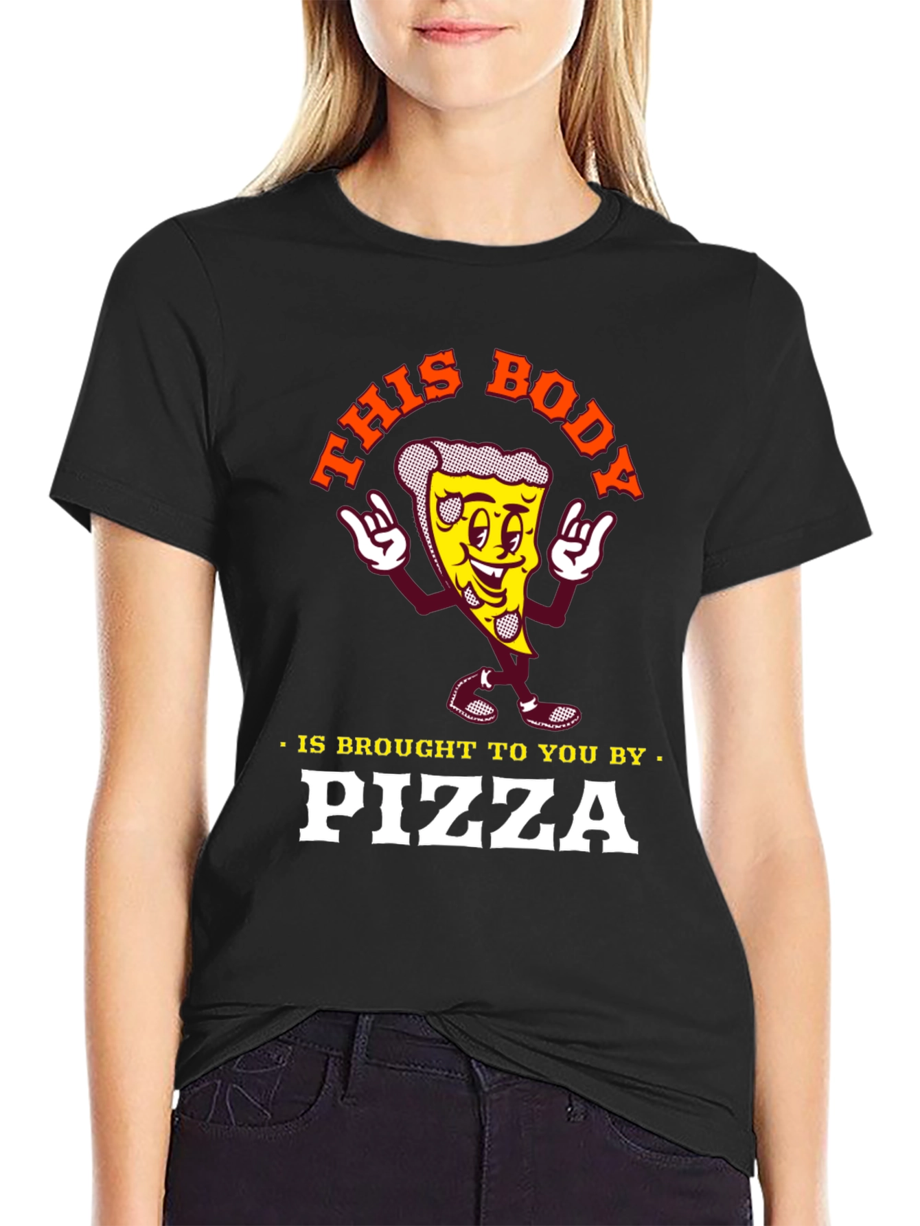 Black Funny Pizza Lover T-Shirt: This Body Brought to You by Pizza view 2