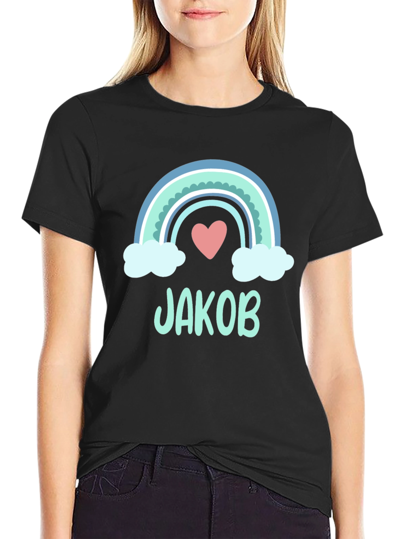Black Personalized Jakob Rainbow Heart T-Shirt view 2