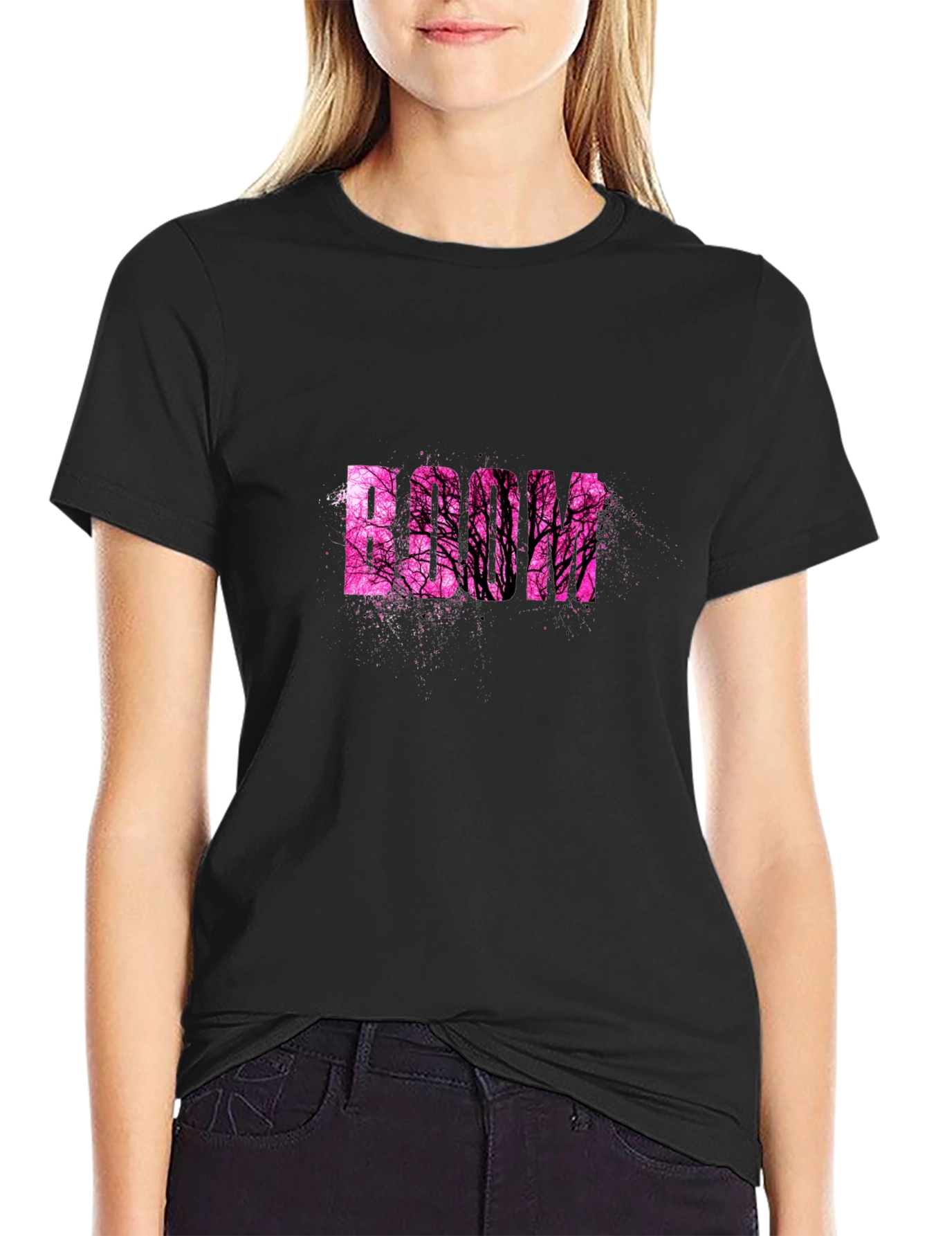 Black Stylish Black T-Shirt with Pink Tree Graphic view 2