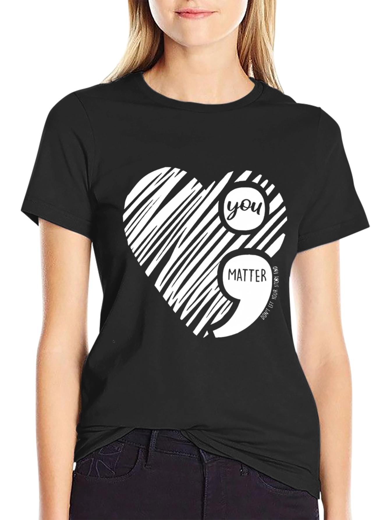 Black You Matter Semicolon Heart Black T-Shirt view 2