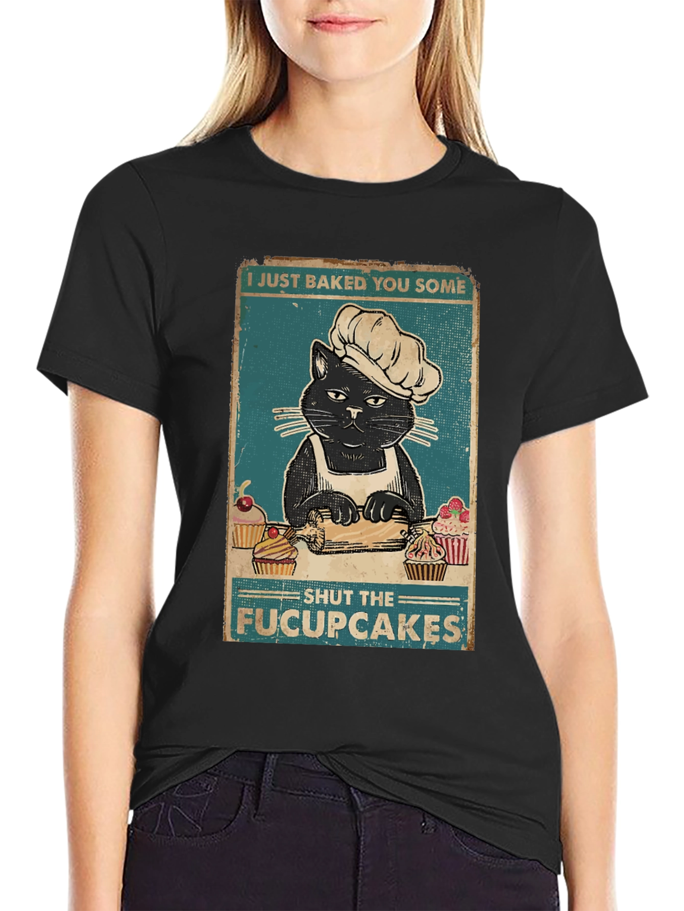 Black Funny Cat Baker T-Shirt - Shut the Fucupcakes! view 2