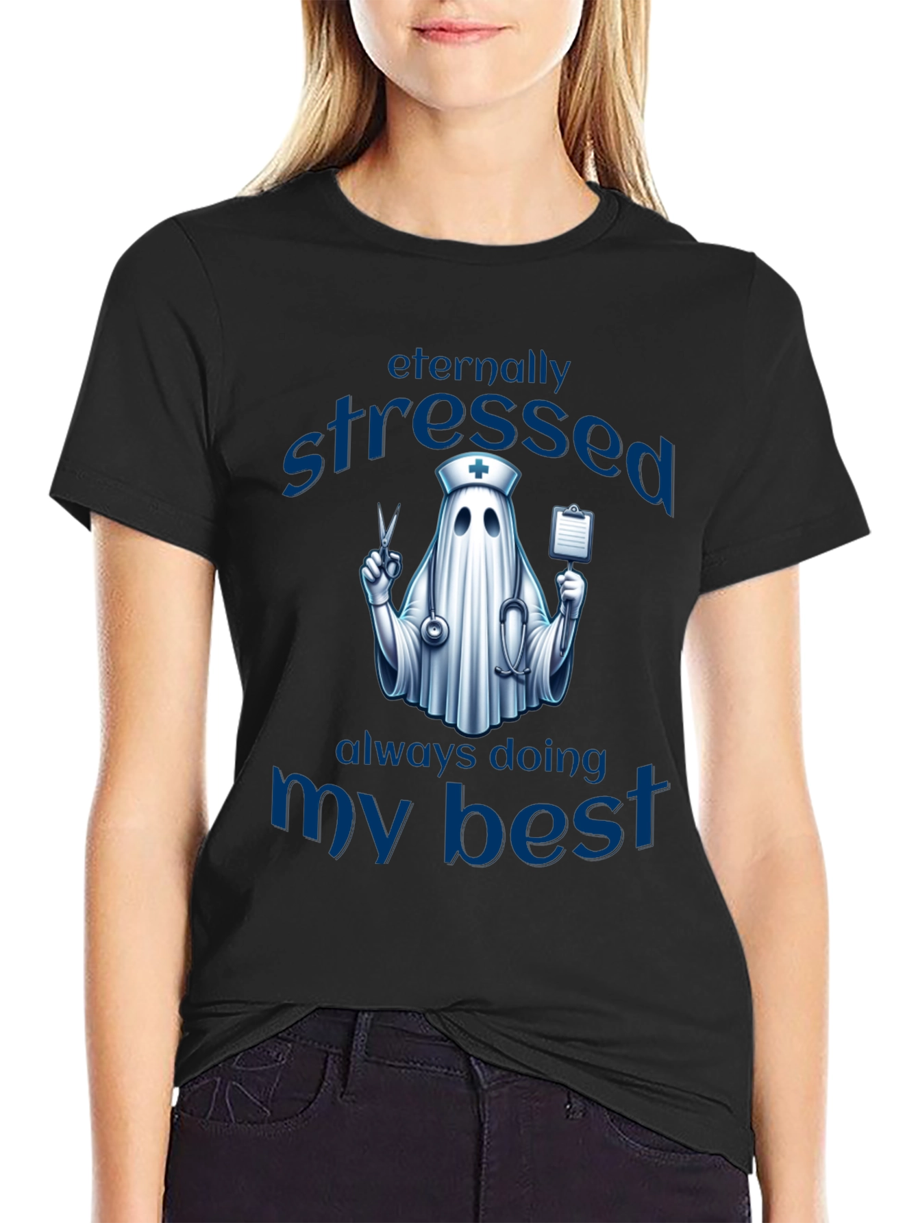 Black Eternally Stressed Nurse Ghost T-Shirt view 2