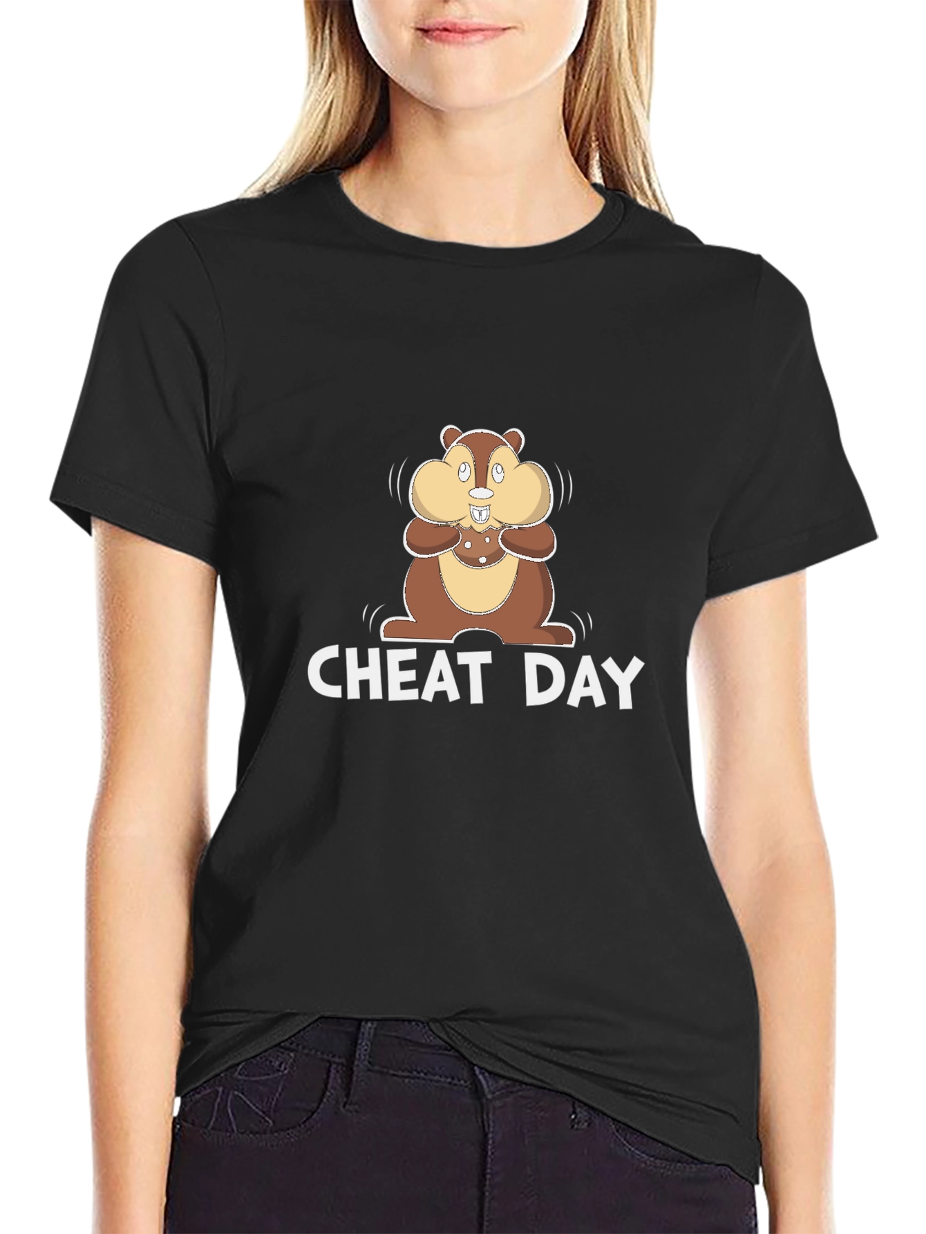 Black Cheat Day T-Shirt with Cartoon Chipmunk view 2