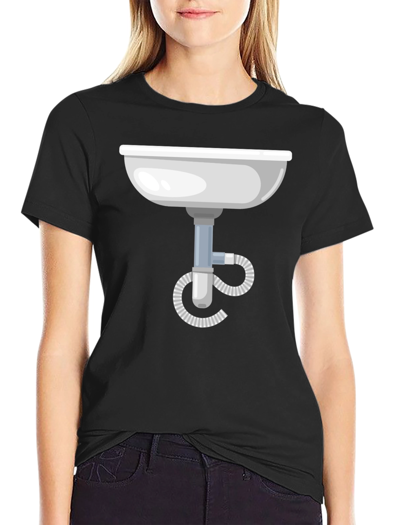 Black Funny Plumbing Sink Graphic Tee - Black Cotton T-Shirt view 2