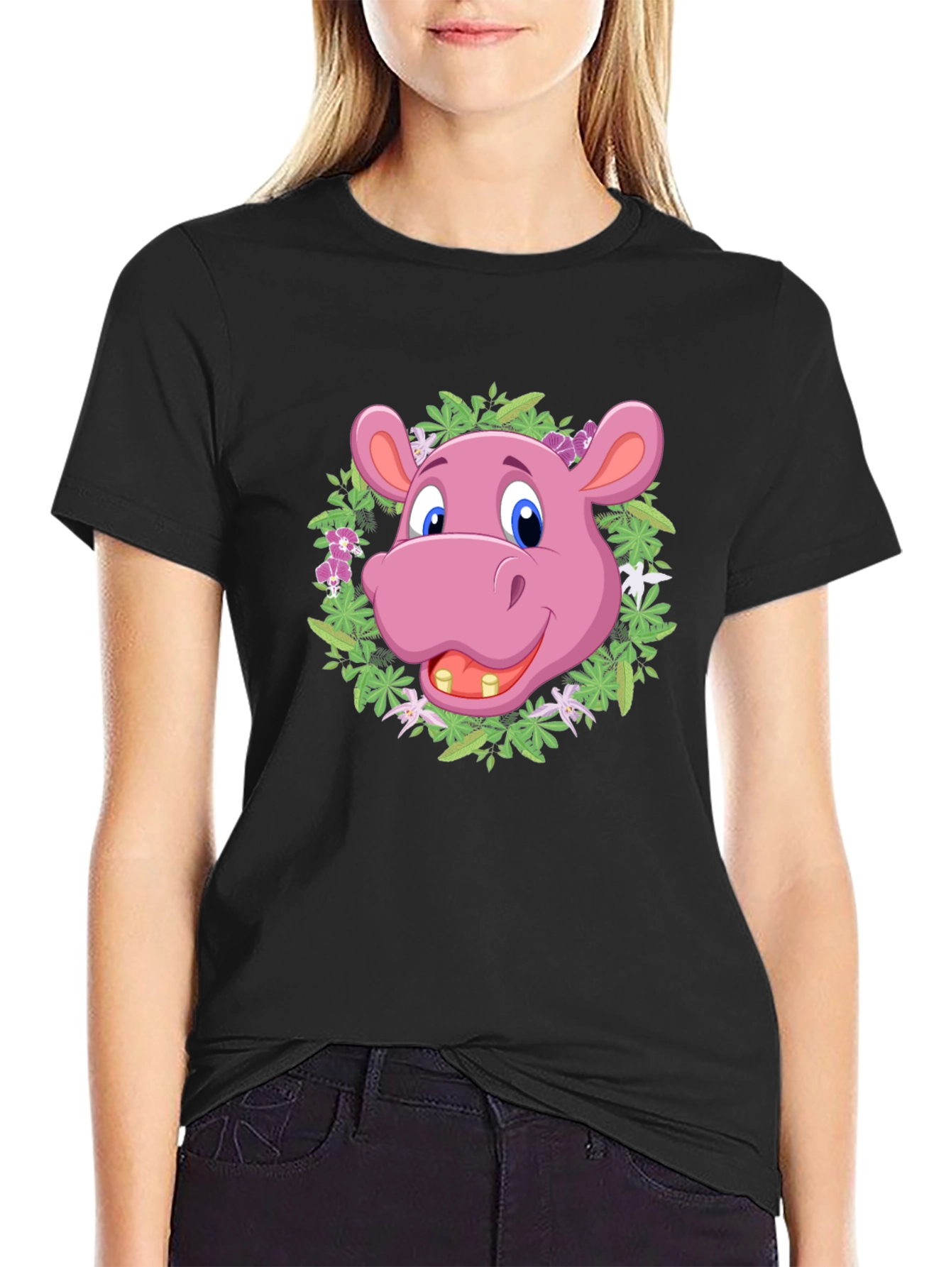 Black Cartoon Hippo Floral Wreath T-Shirt view 2
