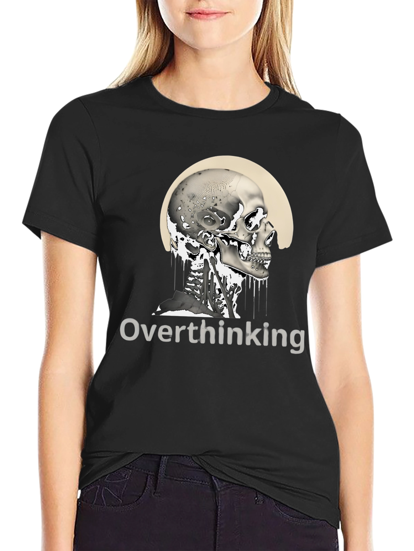 Black Overthinking Skull Graphic T-Shirt - Unisex Black Tee view 2