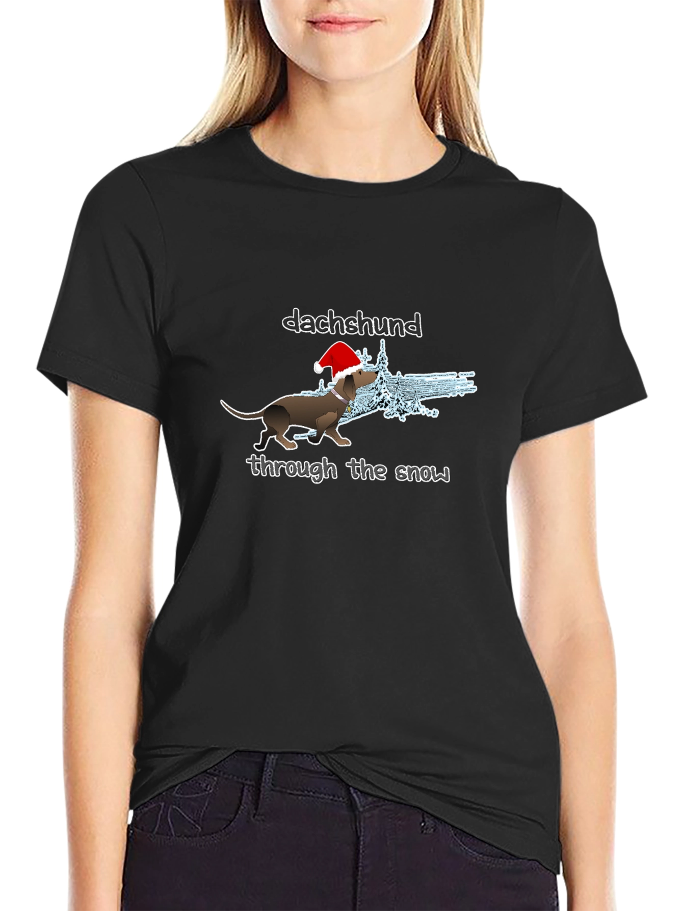 Black Dachshund Through The Snow Christmas T-Shirt view 2