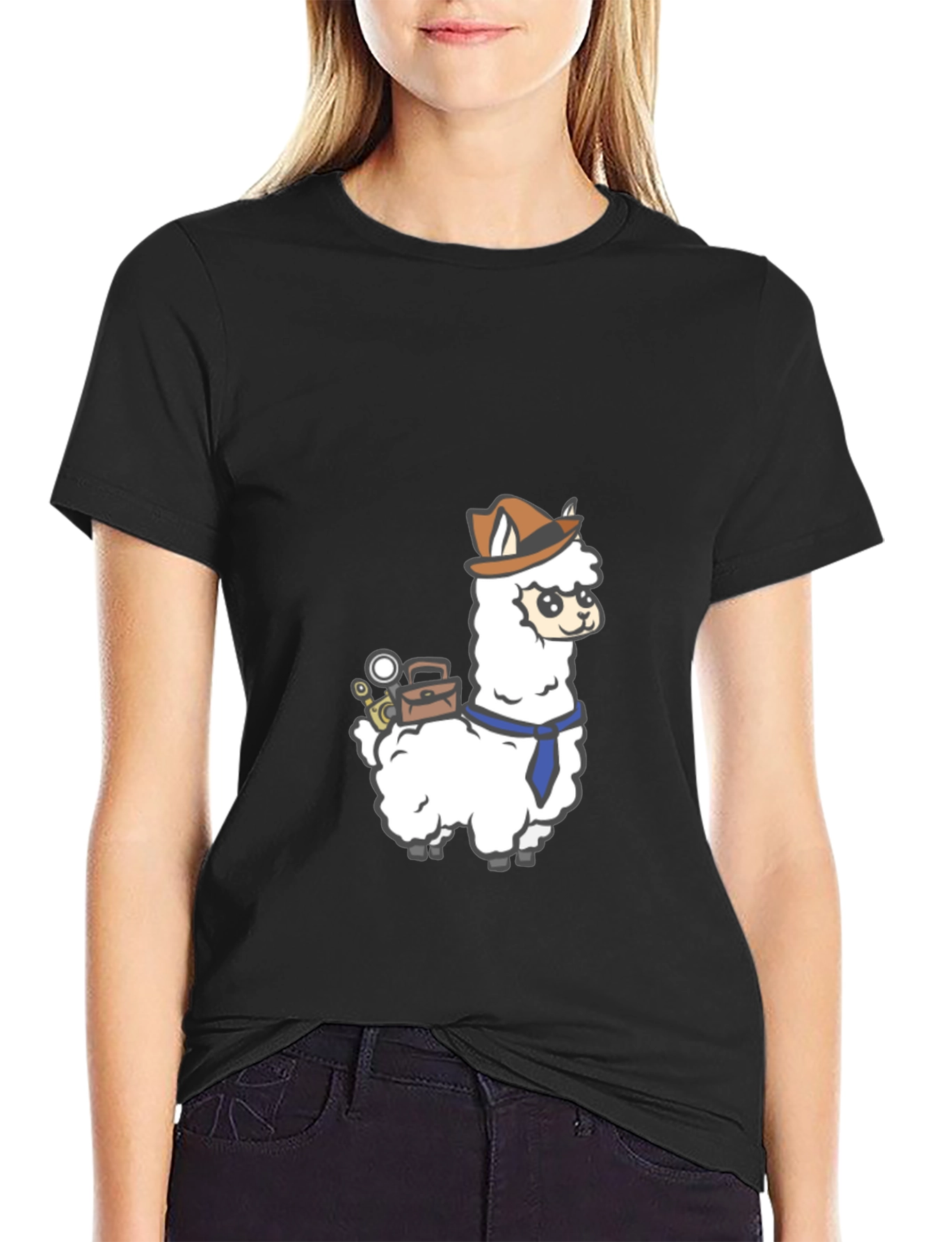 Black Detective Llama Graphic Tee - Black Cotton T-Shirt view 2