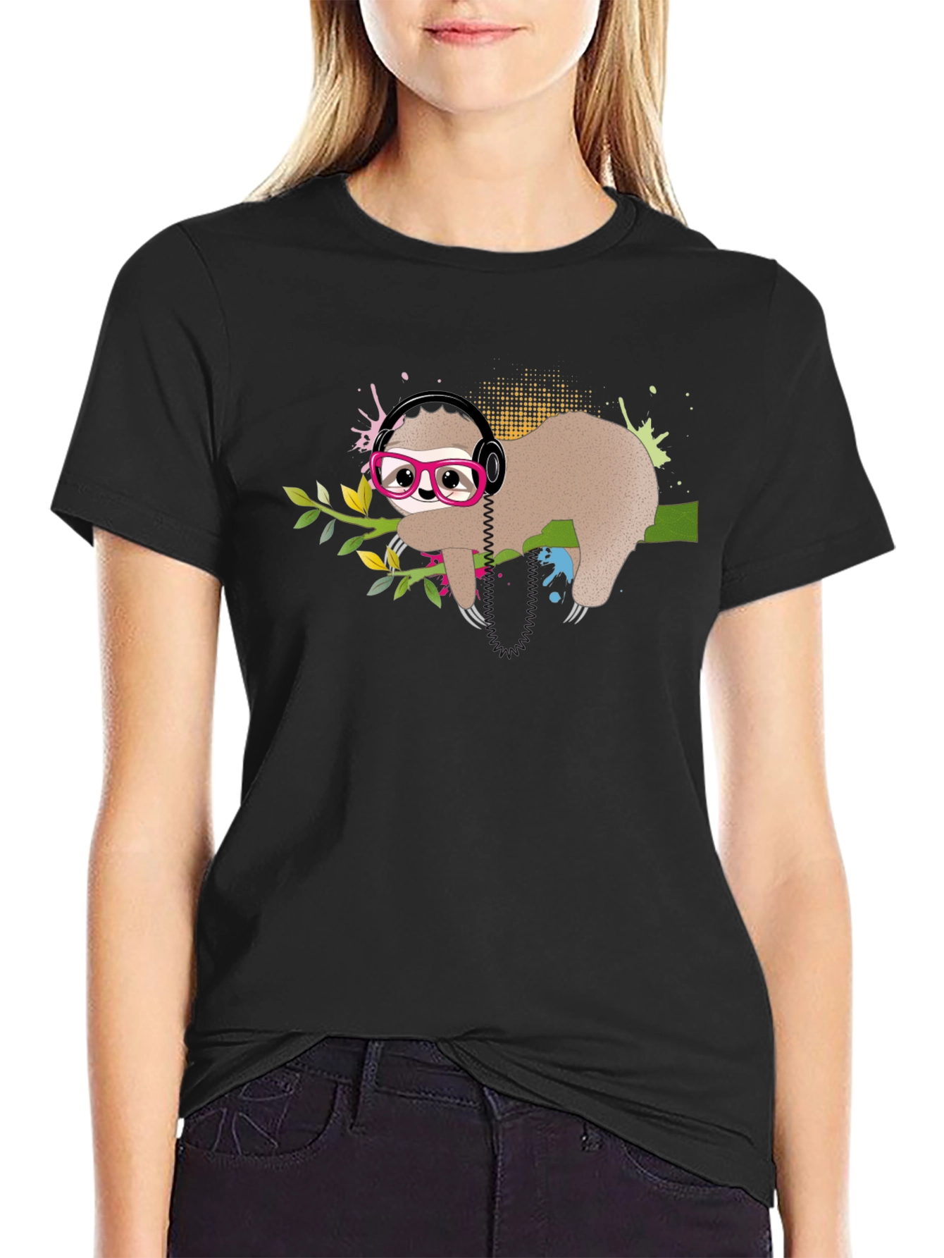 Black Sloth in Glasses T-Shirt, Cool Headphones Graphic Tee view 2