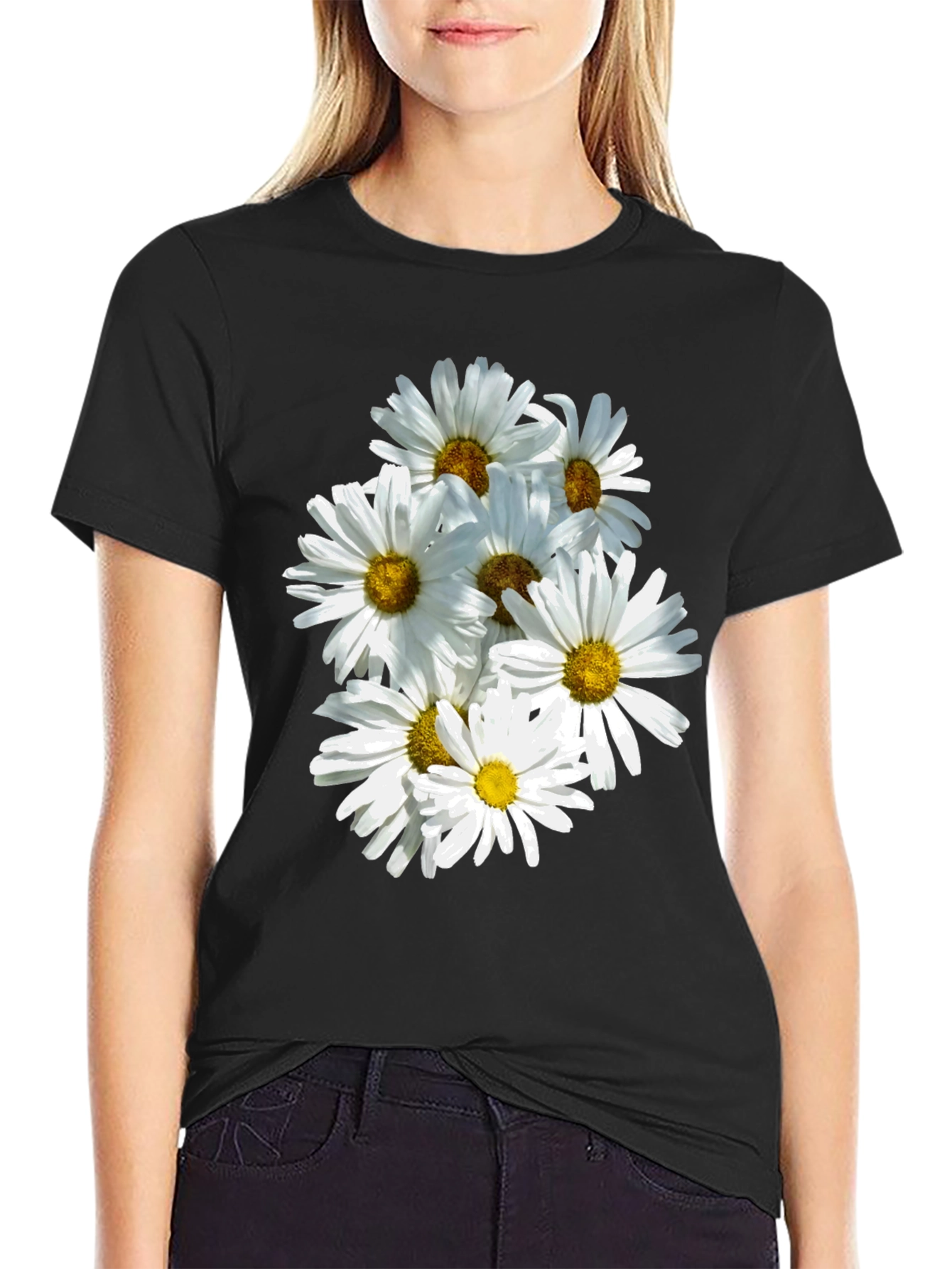 Black Daisy Flower Graphic Black T-Shirt view 2