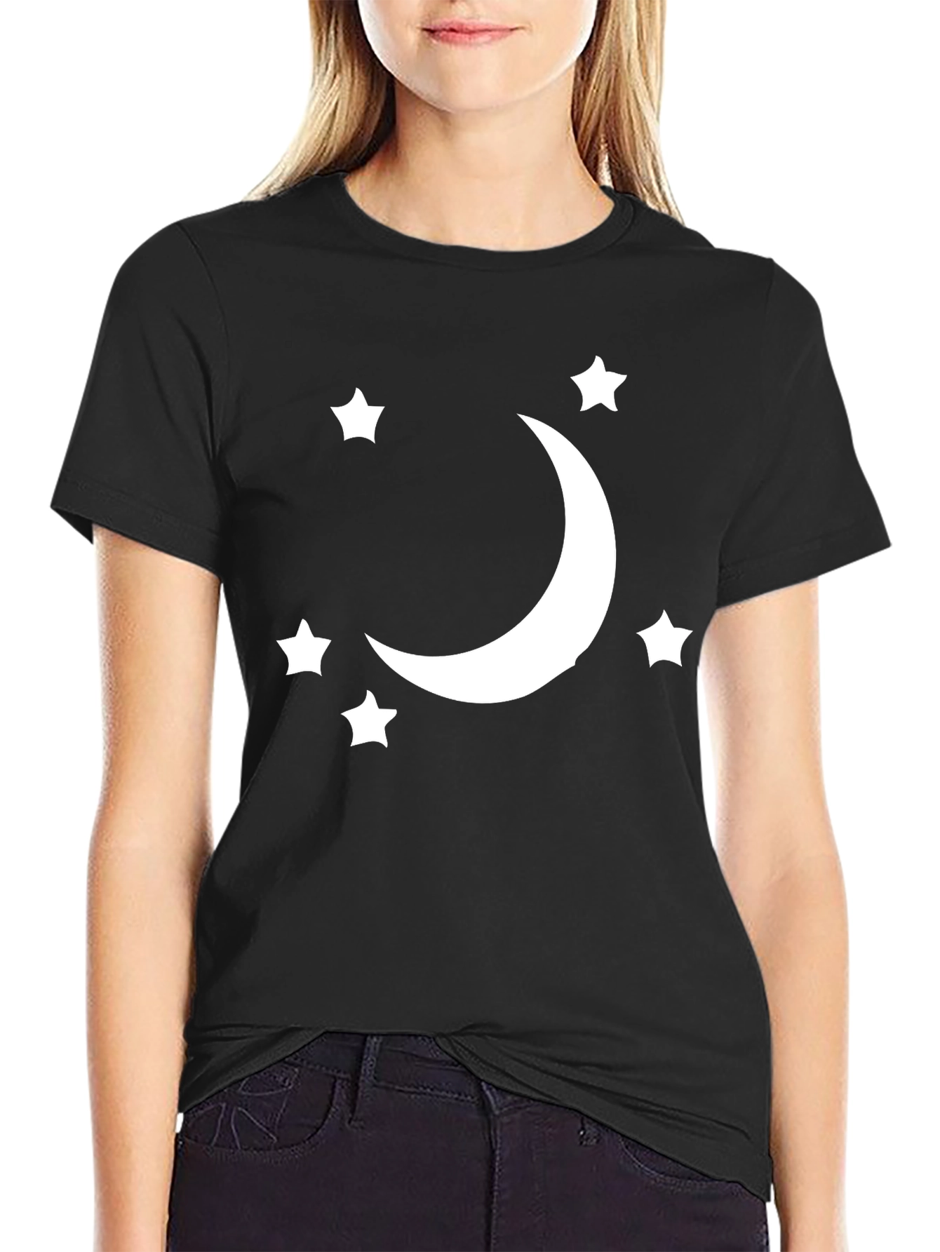 Black Crescent Moon & Stars Graphic Tee - Black Cotton Blend view 2