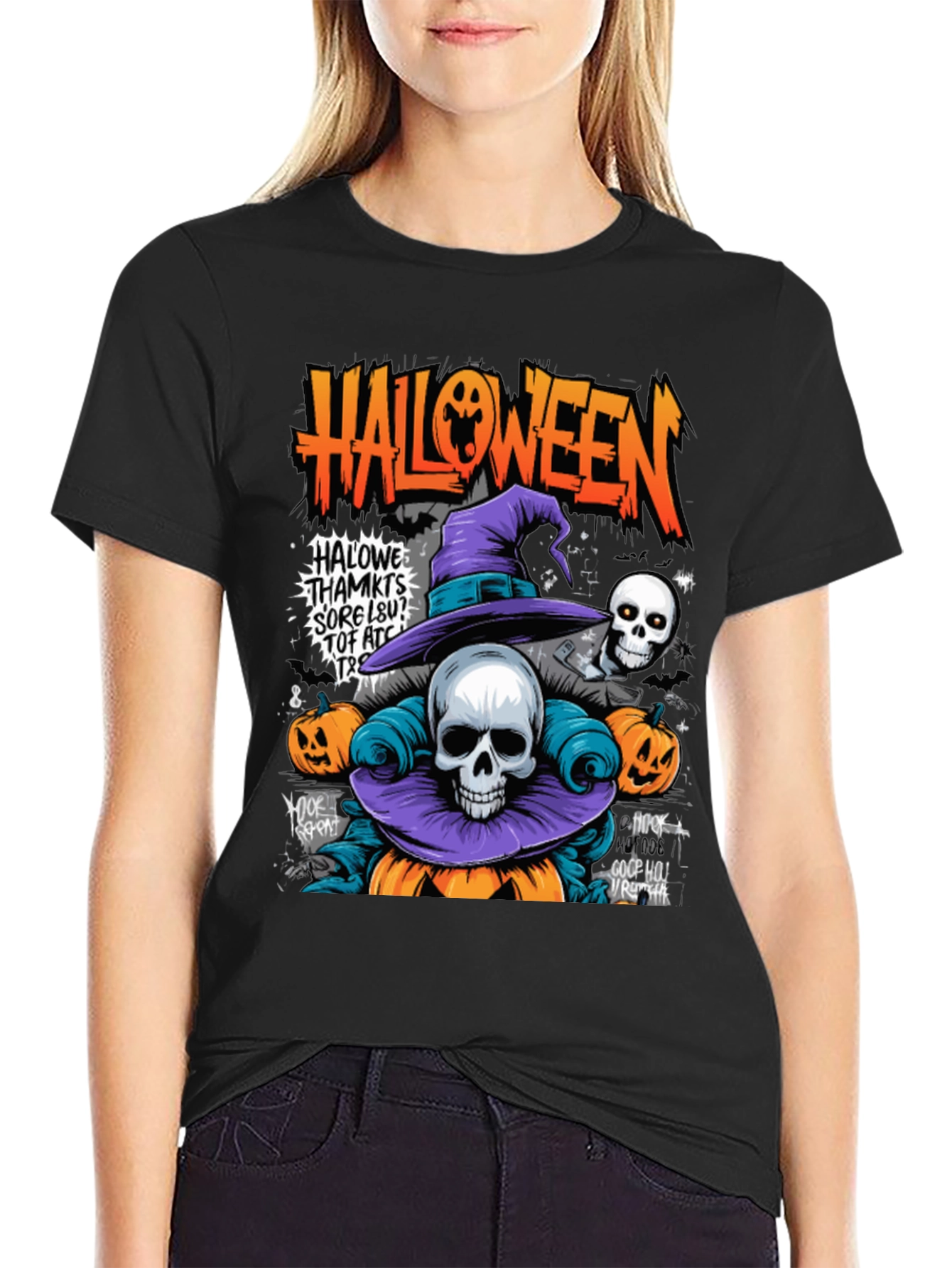 Black Halloween Skull Pumpkin Graphic Tee view 2
